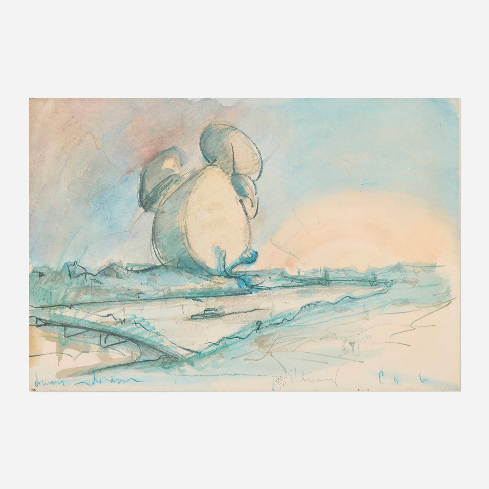 Claes Oldenburg, Proposed Colossal Monument for Battersea Park, London, Drum Set, 1966: Claes Oldenburg Proposed Colossal Monument for Battersea Park, London, Drum Set, 1966 1969 offset lithograph in colors 23.75 h x 35.25 w in (60 x 90 cm) Signed and numbered to lower edge