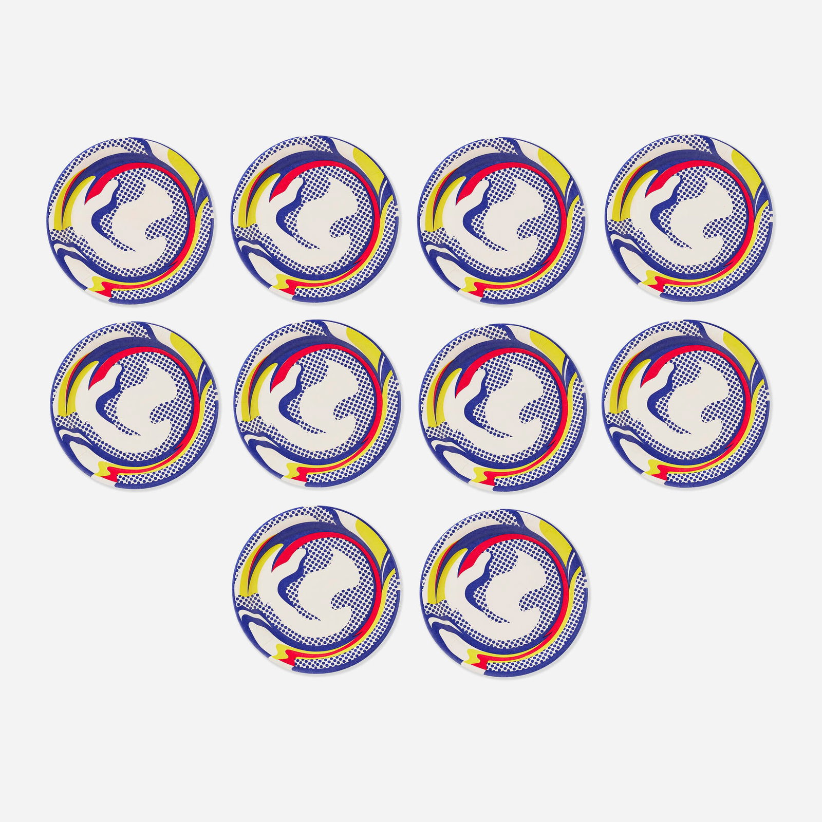 Roy Lichtenstein, Paper plates (ten works): Roy Lichtenstein Paper plates (ten works) 1969 screenprint in colors on paper plate each: 1.375 h x 10.25 dia in (3 x 26 cm) Printed to verso of each work 'Roy Lichtenstein ? On 1st Inc.