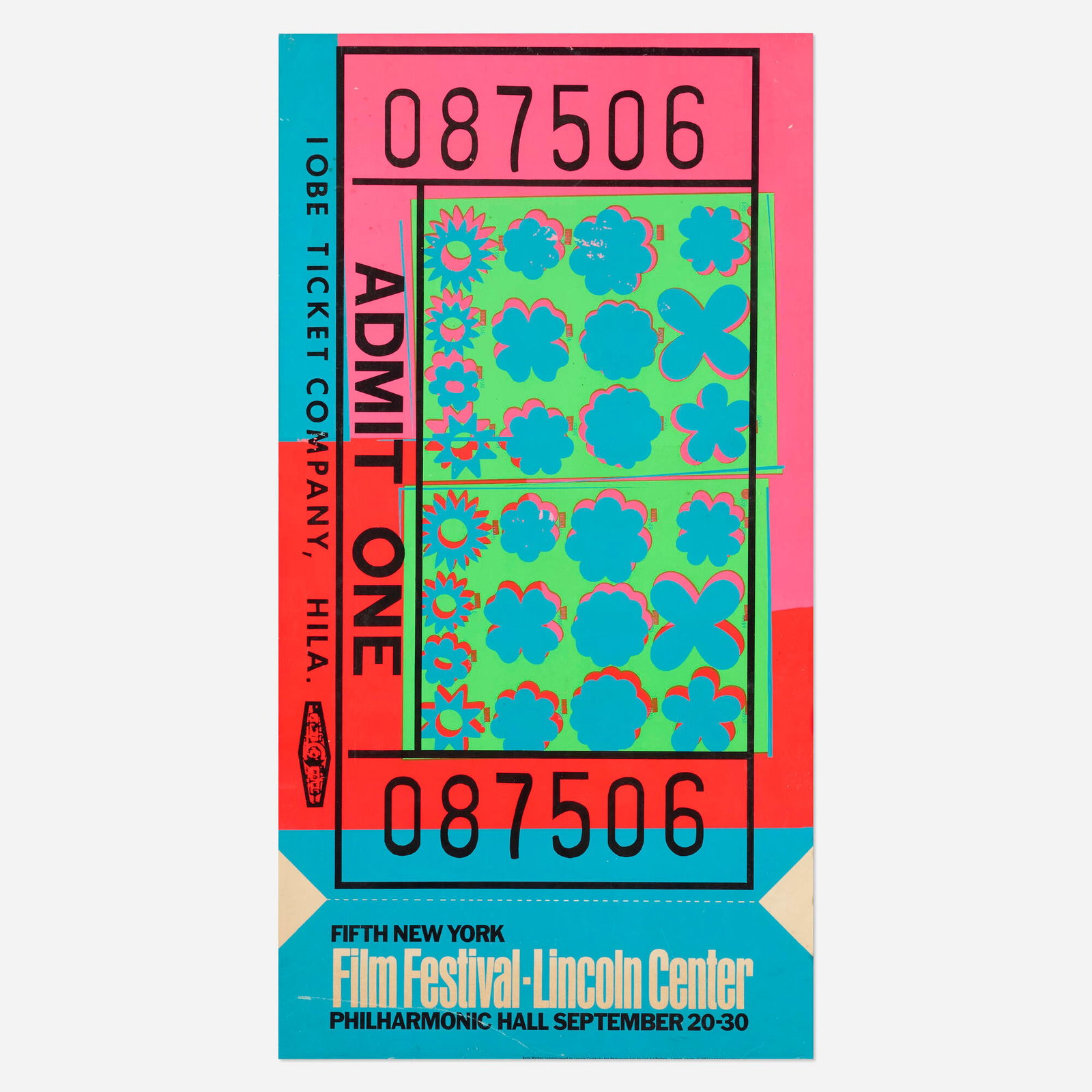 Andy Warhol, Lincoln Center Ticket: Andy Warhol Lincoln Center Ticket 1967 screenprint in colors 44.875 h x 23.75 w in (114 x 60 cm) This work is from the unsigned edition of 500 printed by Maurel Studios, New York and published by