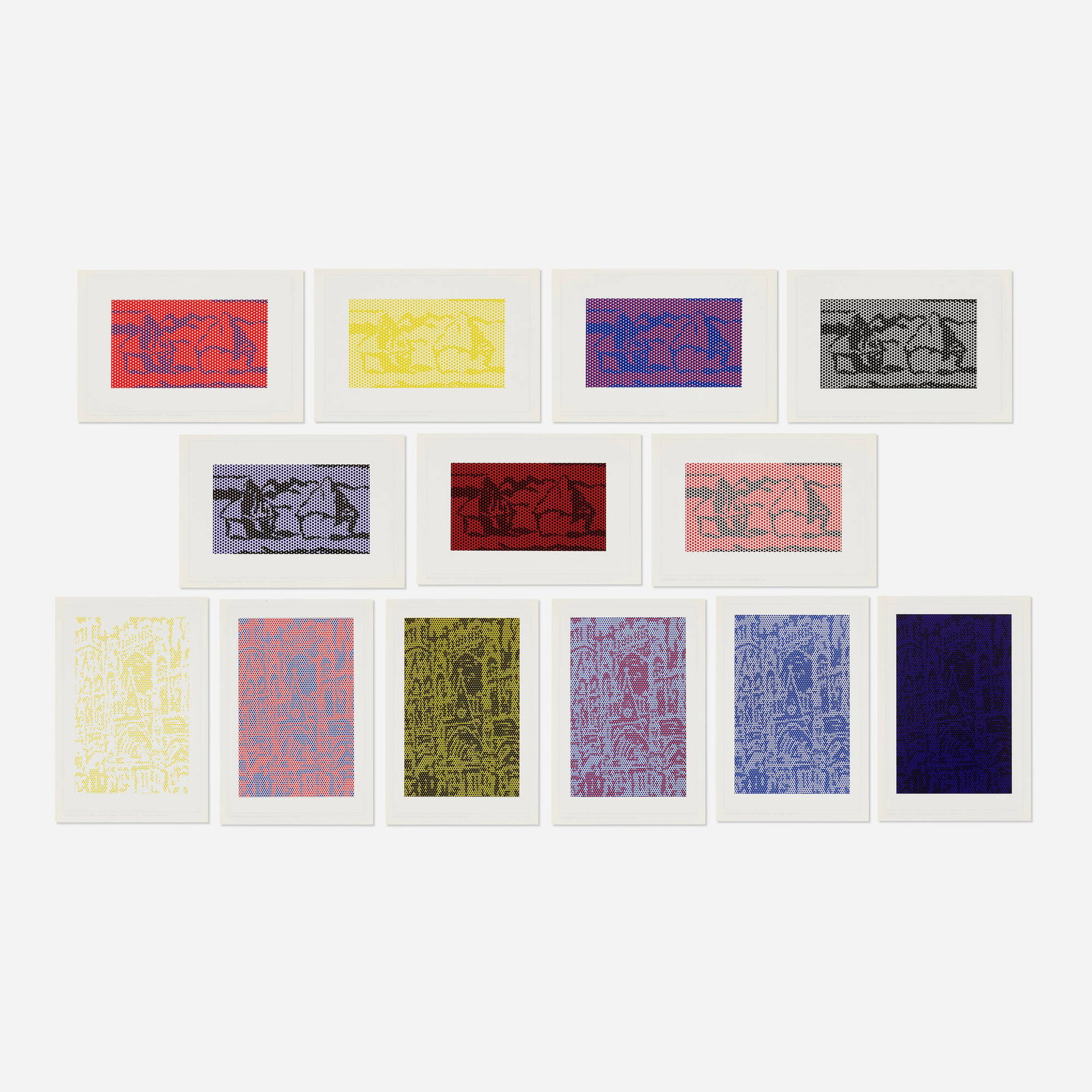 After Roy Lichtenstein, Cathedrals and Haystacks sample portfolio: After Roy Lichtenstein Cathedrals and Haystacks sample portfolio 1969 lithograph in colors 6.375 h x 9.375 w in (16 x 24 cm) This complete portfolio of thirteen works is from the edition printed by