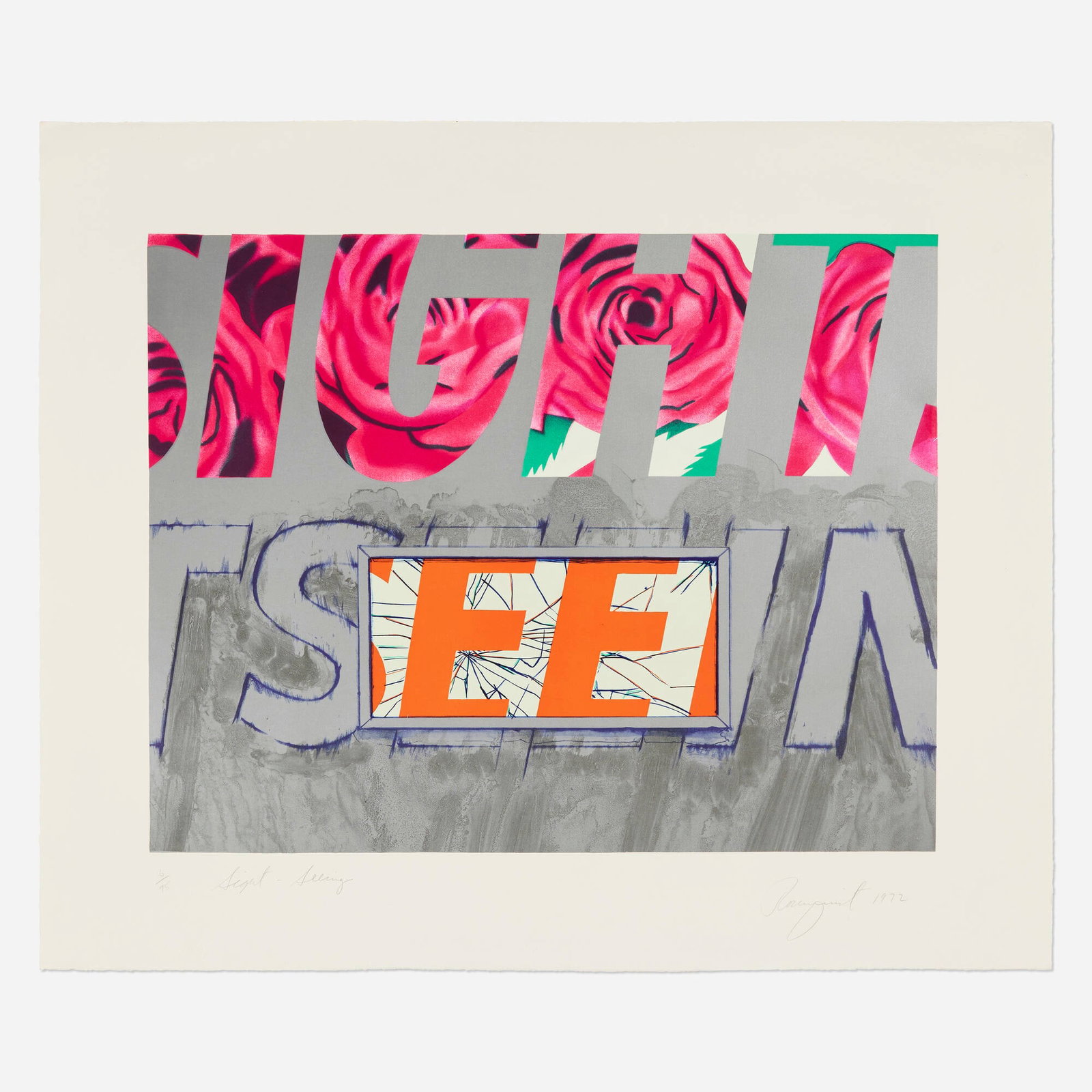 James Rosenquist, Sight-Seeing: James Rosenquist Sight-Seeing 1972 lithograph and screenprint in colors on German Etching image: 22.5 h x 28.75 w in (57 x 73 cm) sheet: 30.875 h x 37 w in (78 x 94 cm) Signed, titled, dated, and