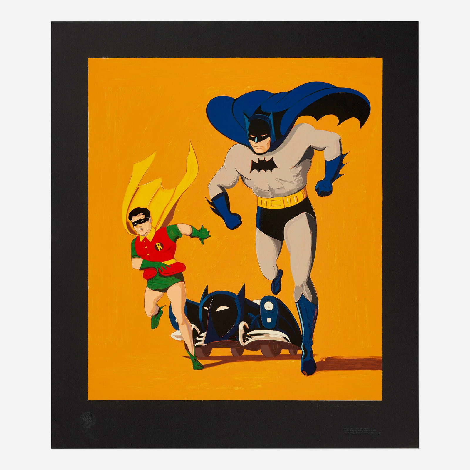 Mel Ramos, Batman, Robin and Batmobile: Mel Ramos Batman, Robin and Batmobile 1989 screenprint in colors image: 28 h x 24 w in (71 x 61 cm) sheet: 35 h x 30 w in (89 x 76 cm) Signed and numbered to lower edg '48/100 Mel Ramos' wit