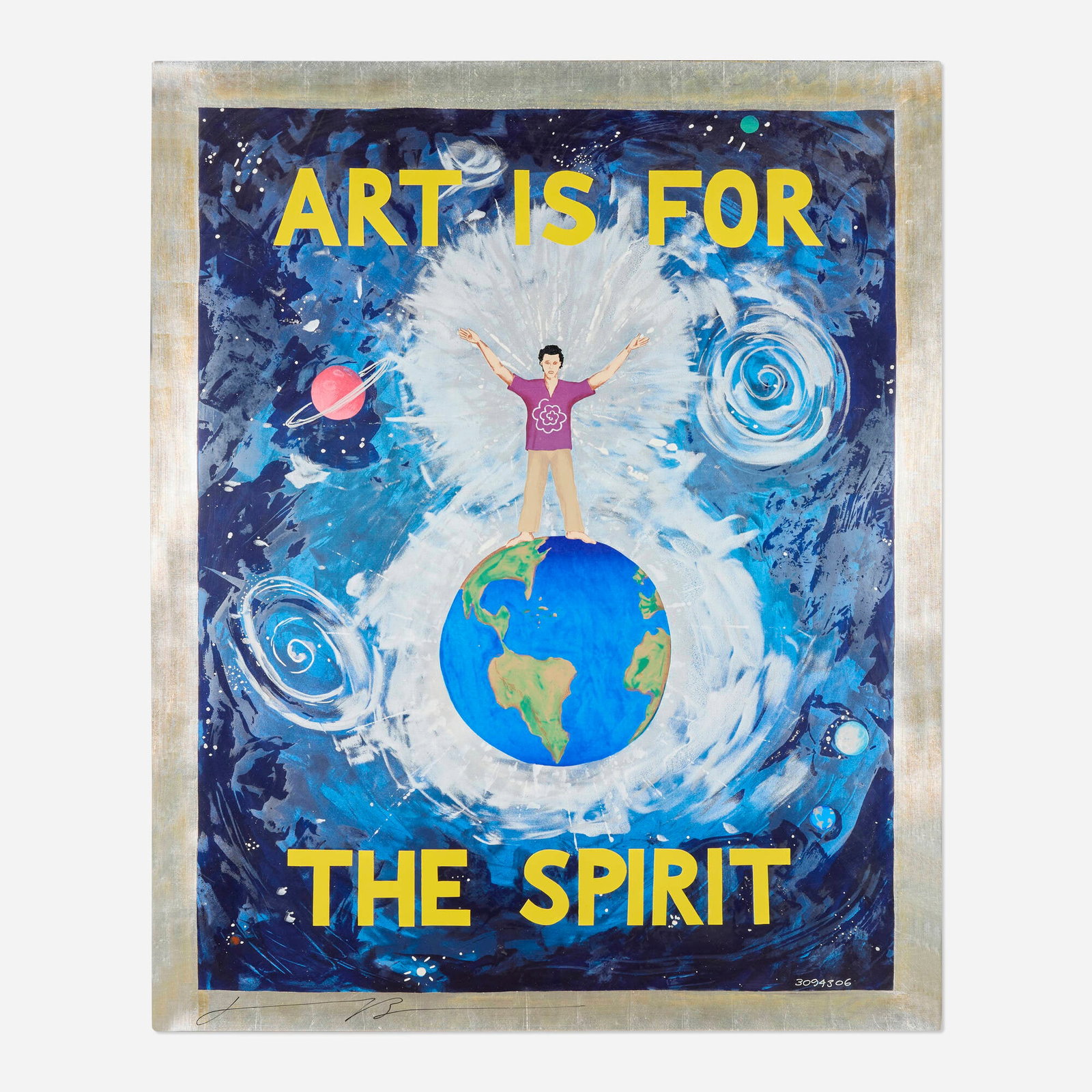 Jonathan Borofsky, Art is for the Spirit: Jonathan Borofsky Art is for the Spirit 1989 screenprint in colors with silver-leaf image: 60 h x 48 w in (152 x 122 cm) sight: 66.5 h x 54 w in (169 x 137 cm) Signed and inscribed to lower edge