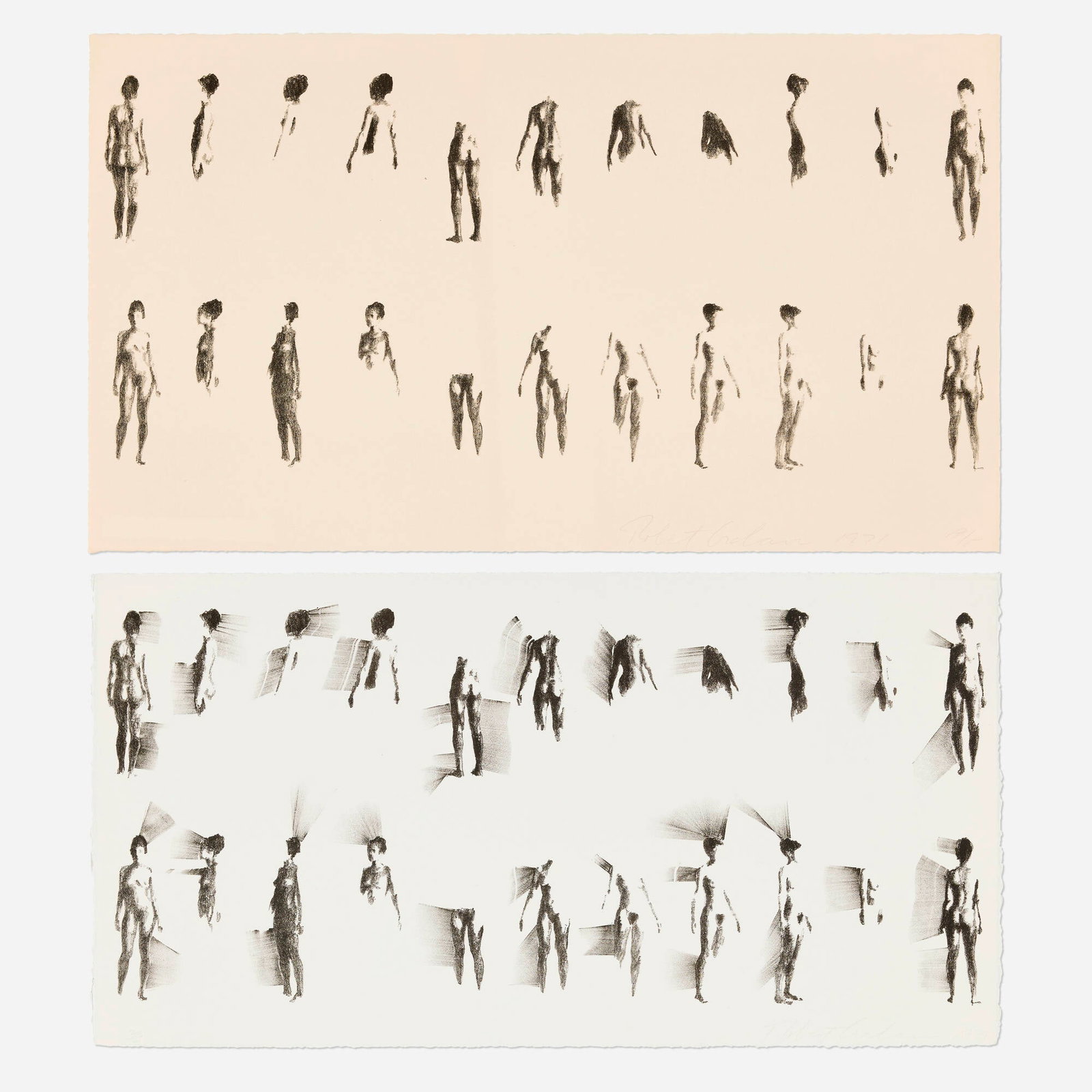 Robert Graham, Untitled (Figures on White/Beige Ground, Large) (two works): Robert Graham Untitled (Figures on White Ground, Large); (Figures on Beige Ground, Large) (two works) 1971 lithograph 18 h x 31.5 w in (46 x 80 cm) 16.5 h x 31.5 w in (42 x 80 cm) Signed, dated, and
