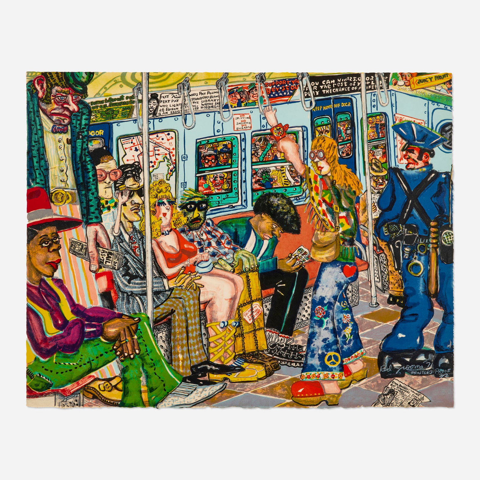 Red Grooms, Local (from the No Gas portfolio): Red Grooms Local (from the No Gas portfolio) 1971 lithograph in colors on Arches Cover 22 h x 27.75 w in (56 x 70 cm) Signed and numbered to lower left 'Red Grooms Printer's Proof 2/2'