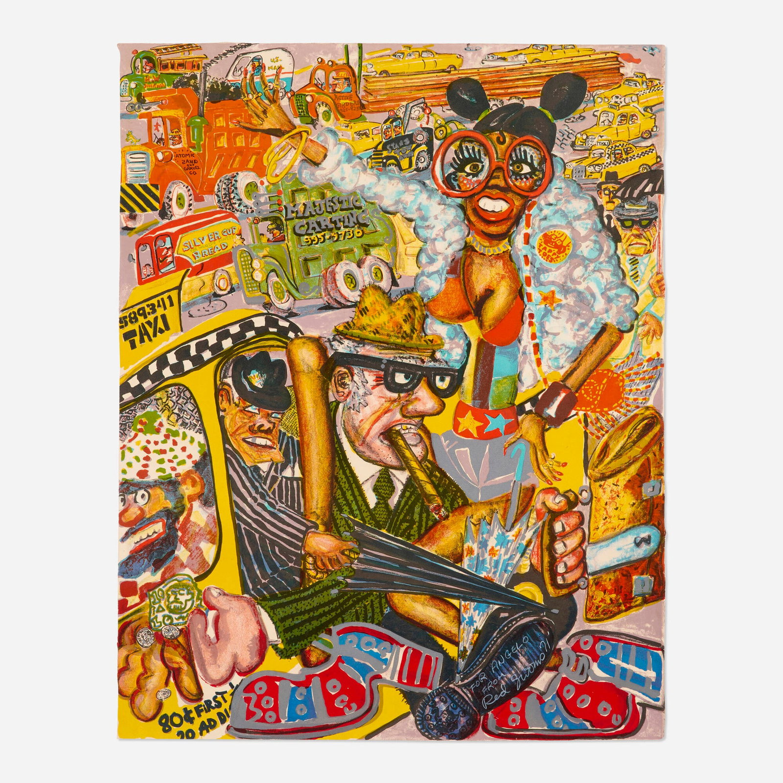 Red Grooms, Taxi Pretzel (from the No Gas portfolio): Red Grooms Taxi Pretzel (from the No Gas portfolio) 1971 lithograph in colors on Arches 27.75 h x 22 w in (70 x 56 cm) Signed, dated, and inscribed to lower center 'For Angelo from Red Grooms