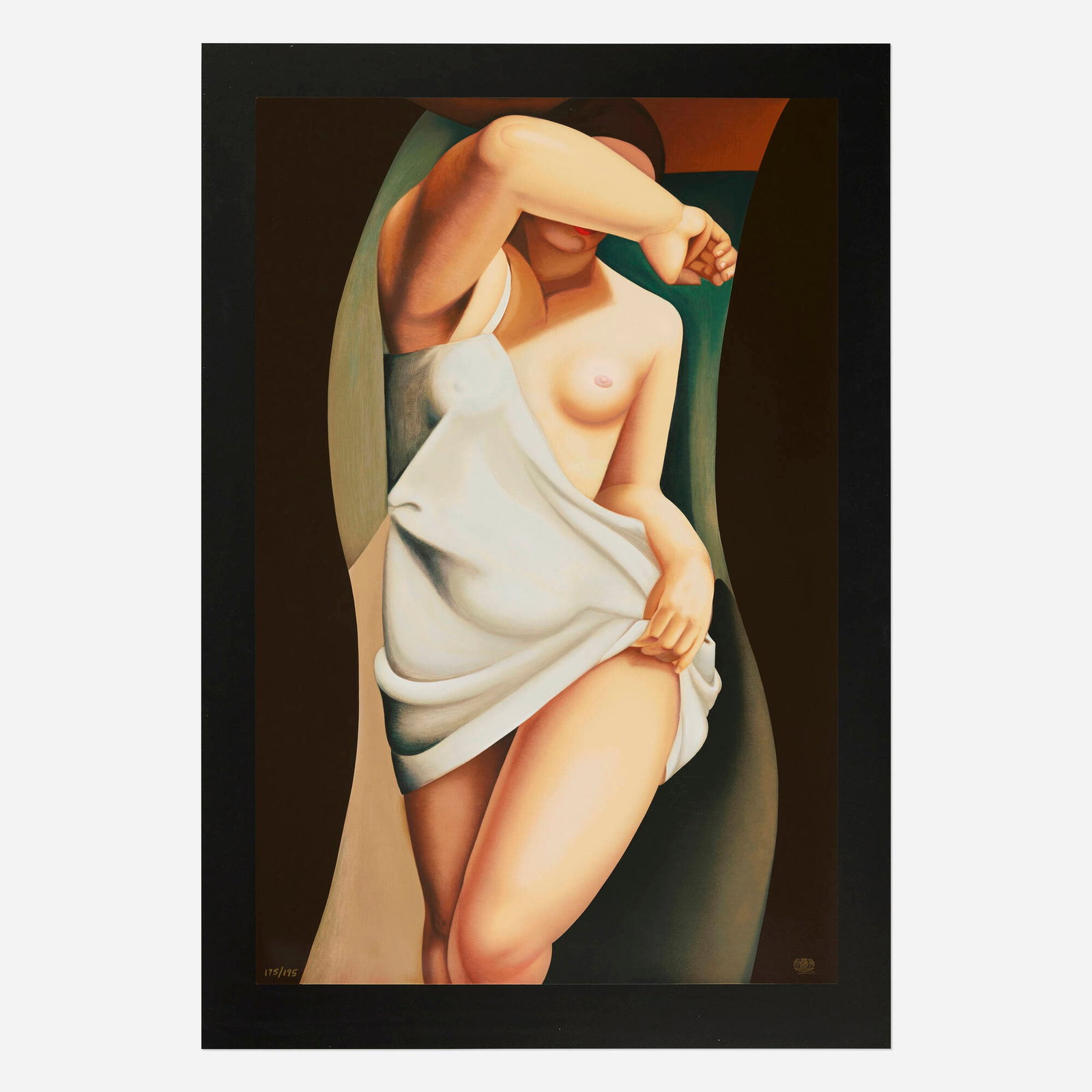 After Tamara de Lempicka, Das Modell: After Tamara de Lempicka Das Modell c. 1957 / 1996 screenprint in colors mounted to museum board image: 40.75 h x 27 w in (104 x 69 cm) mount: 46.25 h x 32 w in (117 x 81 cm) Numbered to lower edge