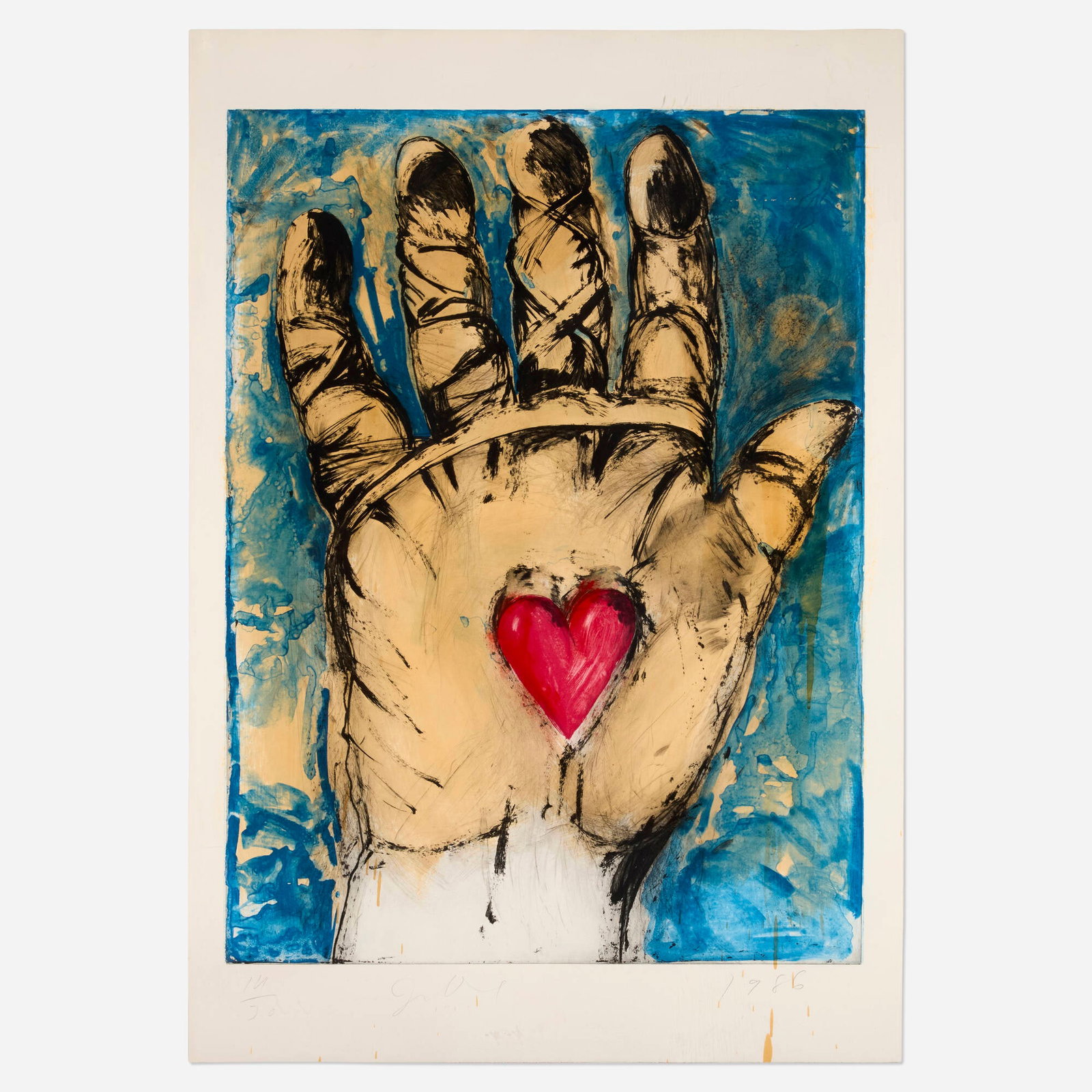 Jim Dine, Shellac on a Hand: Jim Dine Shellac on a Hand 1986 etching and drypoint with hand-painted acrylic and shellac image: 48 h x 36 w in (122 x 91 cm) sheet: 58 h x 40 w in (147 x 102 cm) Signed, dated, and numbered to