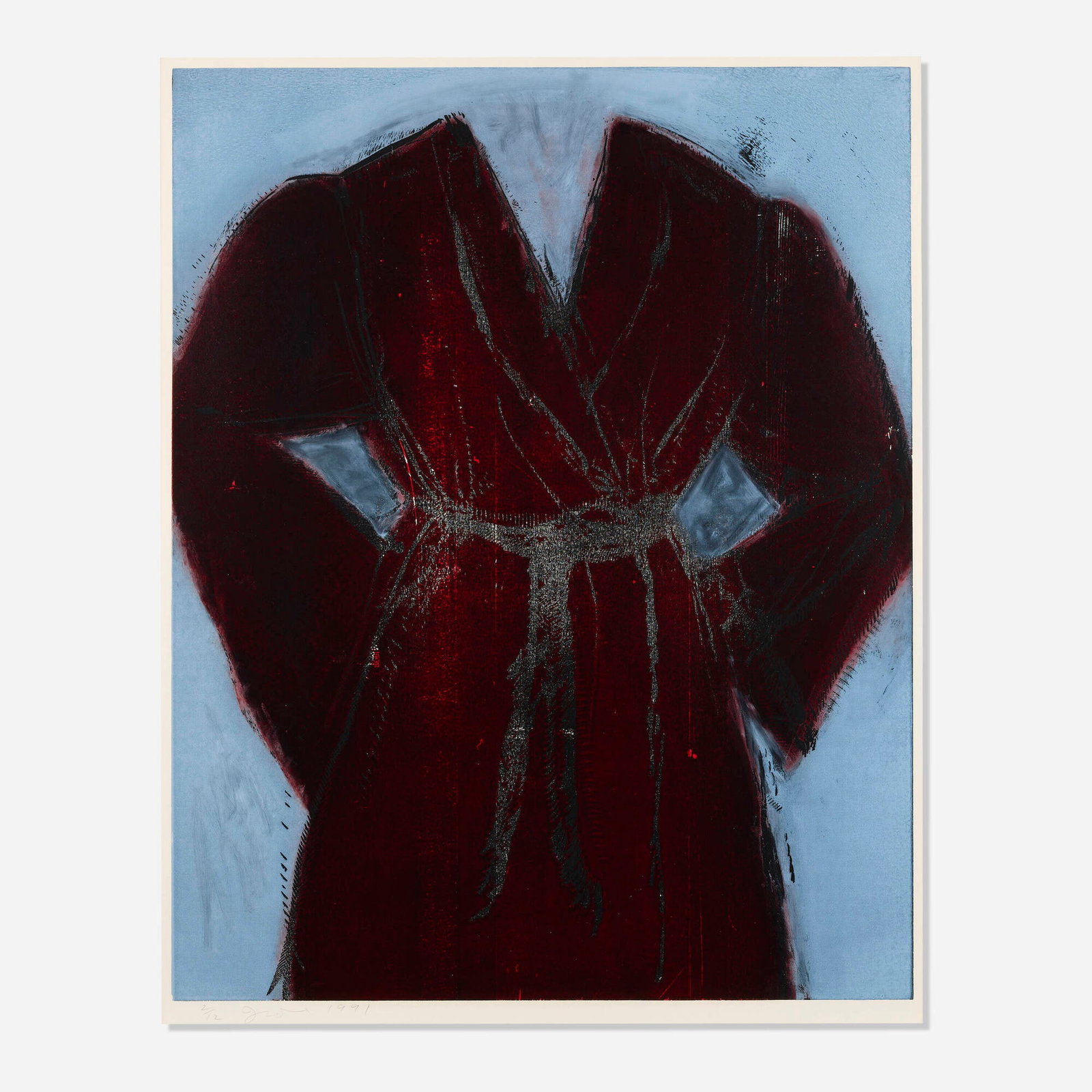 Jim Dine, The Maroon Robe: Jim Dine The Maroon Robe 1991 woodcut in colors image: 41.5 h x 33 w in (105 x 84 cm) sheet: 43 h x 34 w in (109 x 86 cm) Signed, dated and numbered to lower edge '2/12 Jim Dine 1991'. This work is