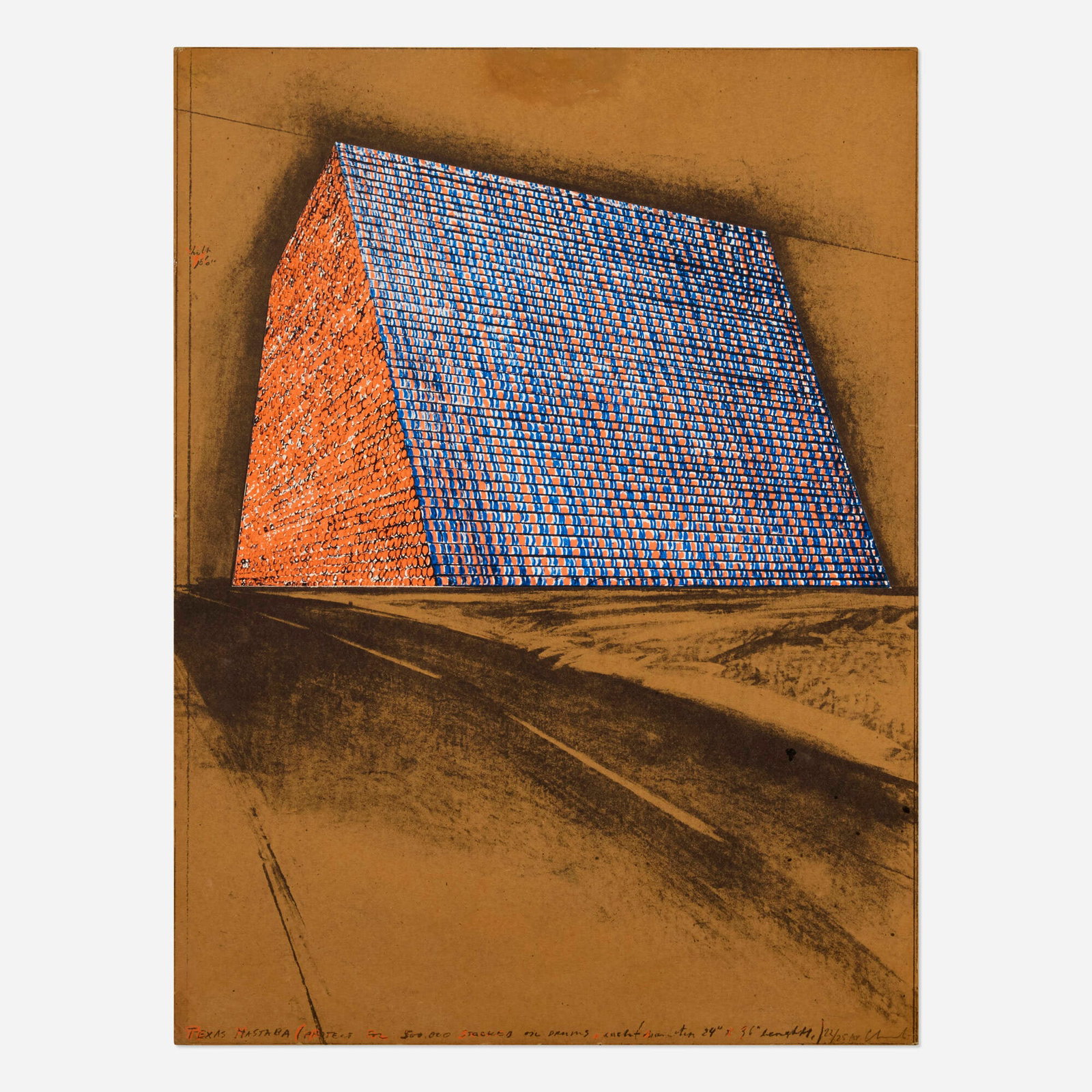 Christo, Texas Mastaba, Project for 500,000 Stacked Oil Drums: Christo Texas Mastaba, Project for 500,000 Stacked Oil Drums (from the America: The Third Century portfolio) 1976 lithograph with collaged screenprint in colors on cardboard 30 h x 22.25 w in (76 x 57