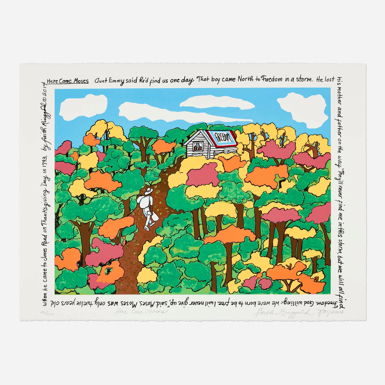Faith Ringgold, Here Come Moses: Faith Ringgold Here Come Moses 2014 screenprint in colors on BFK Rives image: 20 h x 26.25 w in (51 x 67 cm) sheet: 22.25 h x 29.875 w in (57 x 76 cm) Signed, titled, dated, and numbered to lower