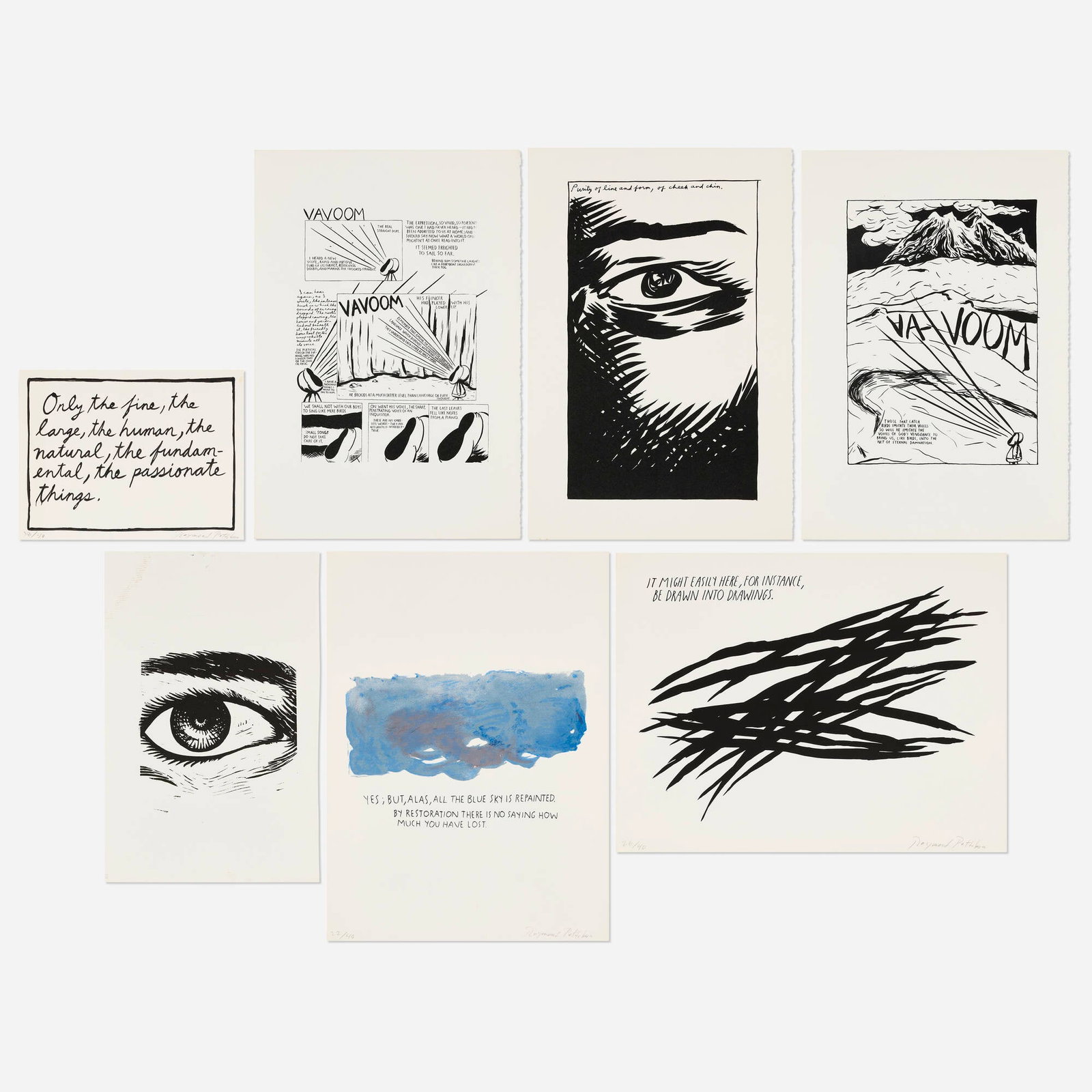 Raymond Pettibon, Collection of seven prints: Raymond Pettibon Collection of seven prints c. 1990 lithograph largest: 17 h x 22.25 w in (43 x 57 cm) smallest: 9.75 h x 12.75 w in (25 x 32 cm) Signed and numbered to lower edge of three works