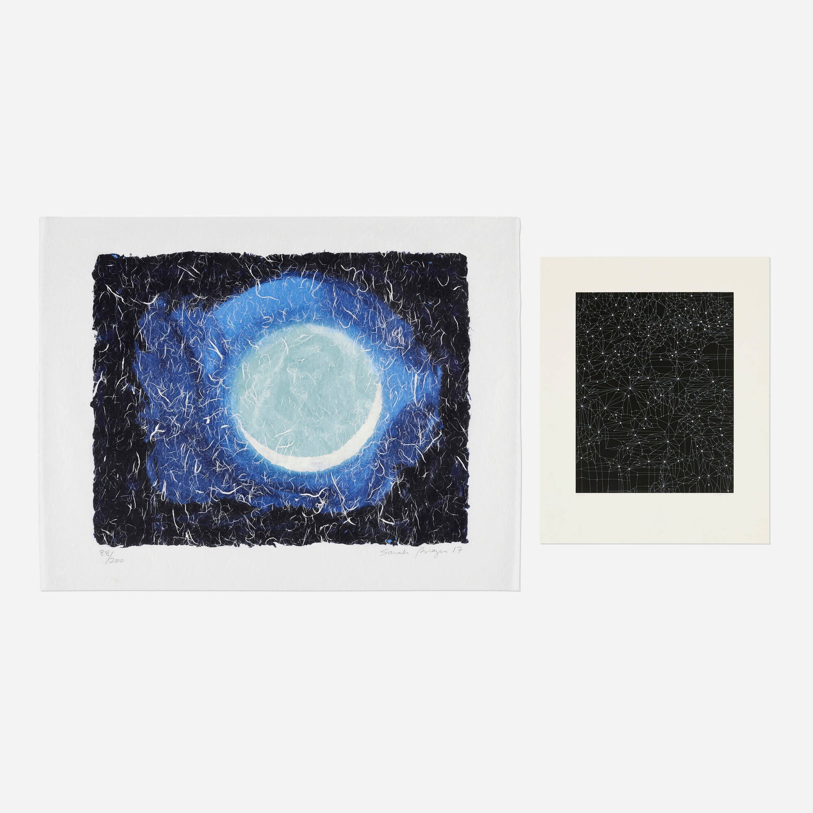 Sarah Brayer and Victoria Burge, Crescent Glow; Night Architecture (two works): Sarah Brayer and Victoria Burge Crescent Glow; Night Architecture (two works) 2017; 2020 screenprint in colors and chine-colle on unryu mulberry with phosphorescent pigment; screenprint in colors