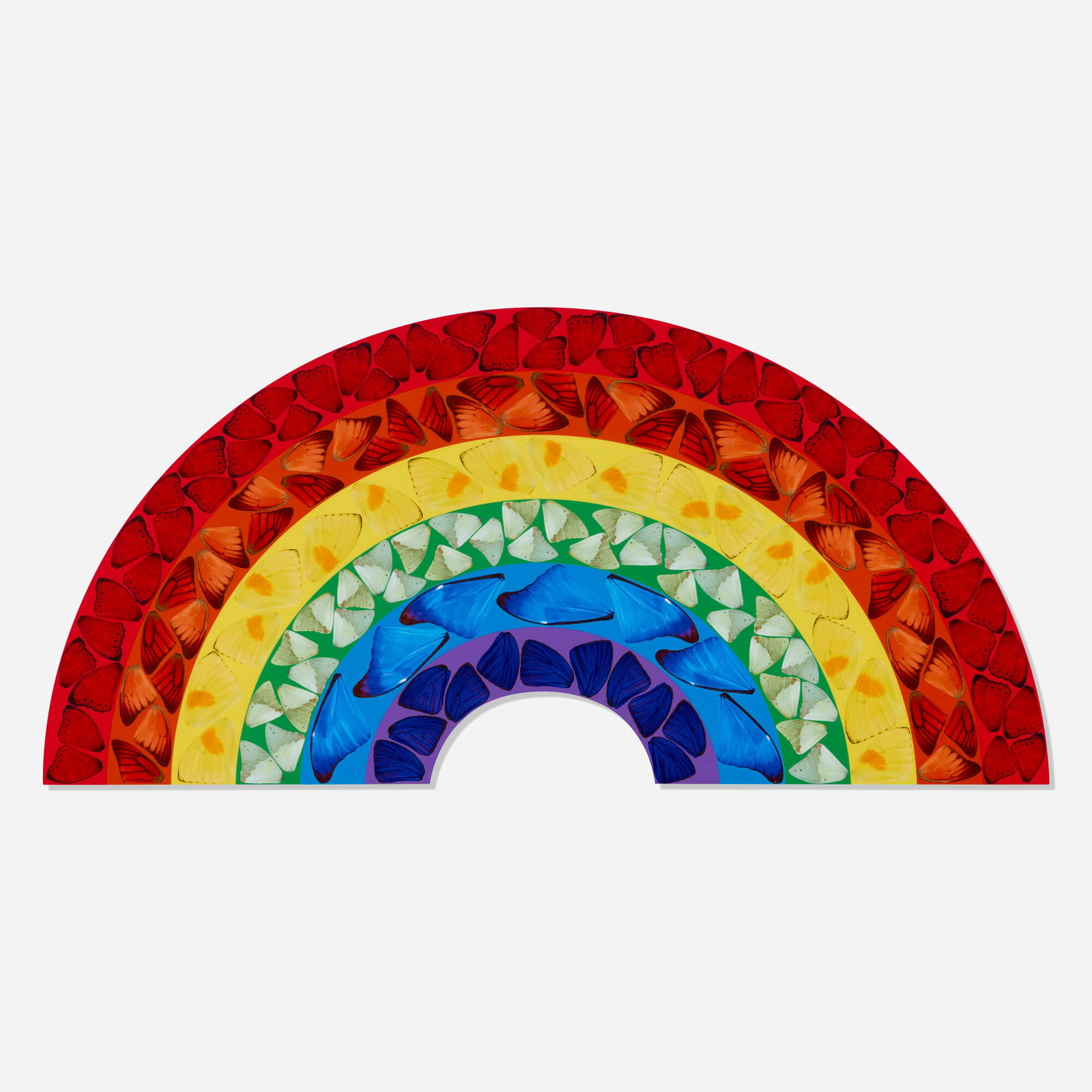 Damien Hirst, Butterfly Rainbow (Large): Damien Hirst Butterfly Rainbow (Large) 2020 laminated giclee print on aluminium composite panel 19 h x 39 w in (48 x 99 cm) Digital signature to label to verso 'Damien Hirst'. This work is n