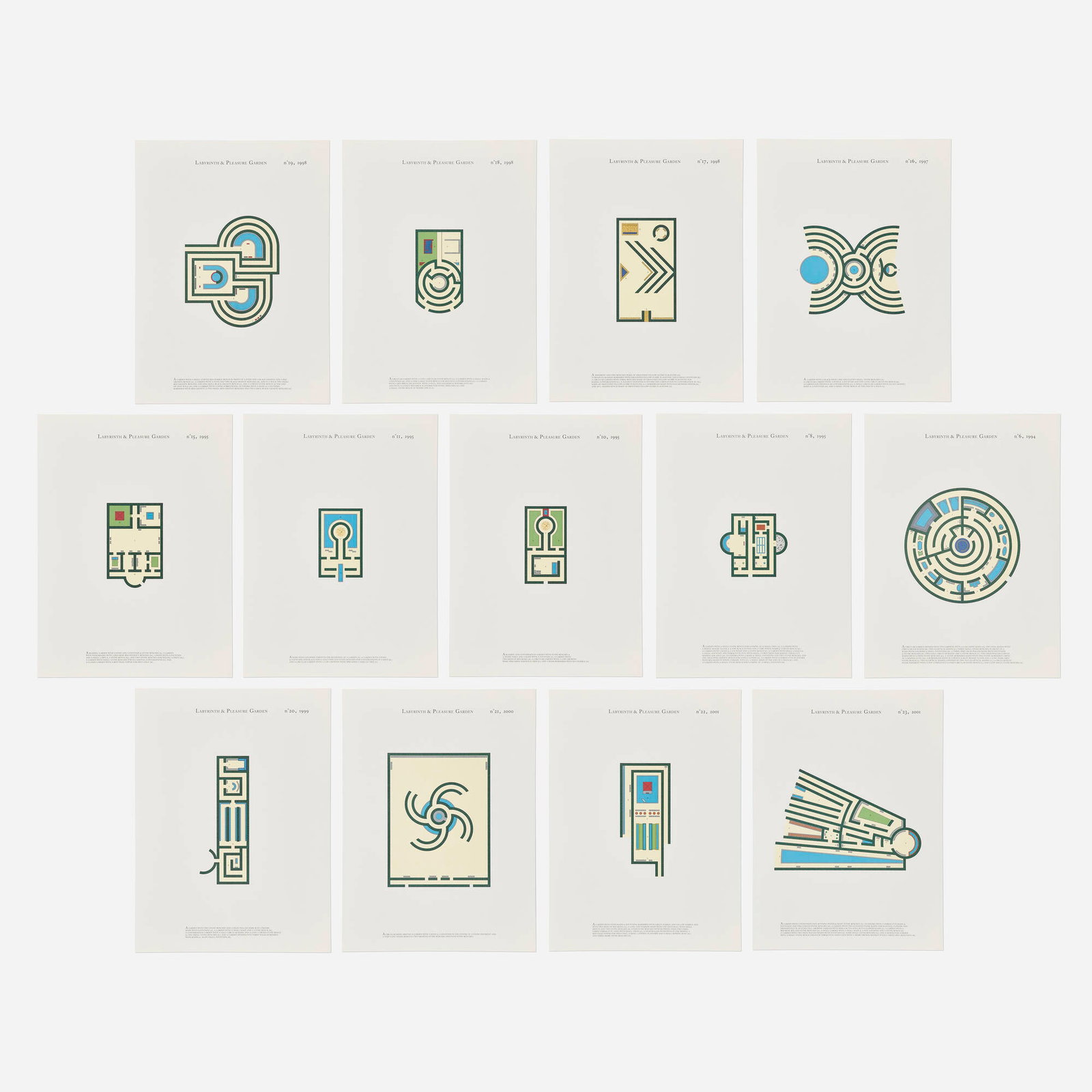 Jan Vercruysse, Labyrinths and Pleasure Gardens: Jan Vercruysse Labyrinths and Pleasure Gardens 2002 lithograph in colors on Rivoli 26 h x 19.25 w in (66 x 49 cm) Signed and numbered to colophon 'Jan Vercruysse 2/43'. This complete portfolio
