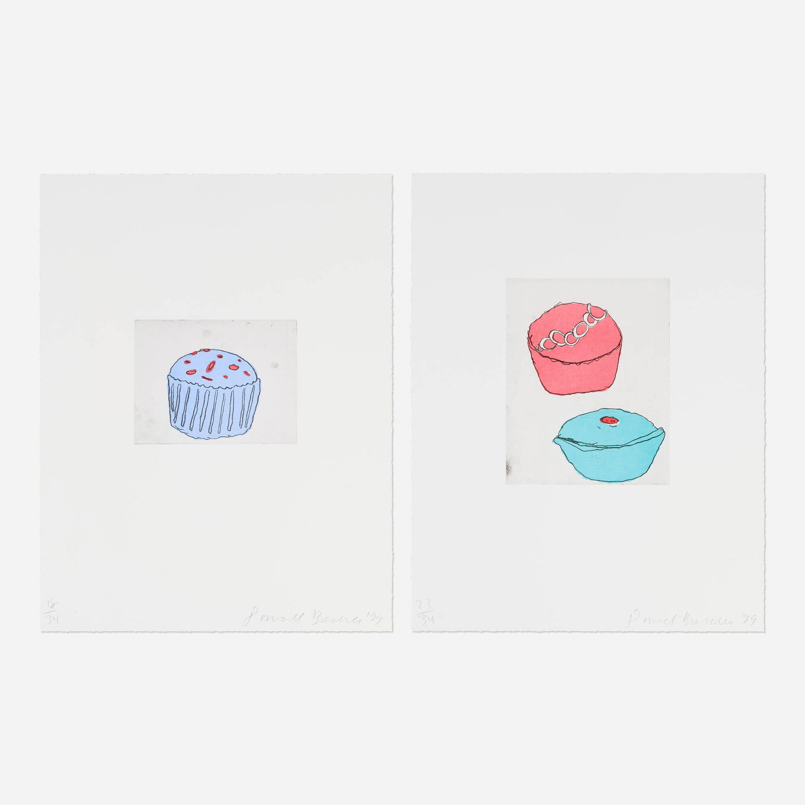 Donald Baechler, Blue Muffin; Red + Blue Cupcakes (two works): Donald Baechler Blue Muffin; Red + Blue Cupcakes (two works) 1999 soft-ground etching and aquatint in colors on Magnani Pescia image: 10 h x 7.875 w in (25 x 20 cm) image: 6 h x 7.875 w in (15 x 20 cm