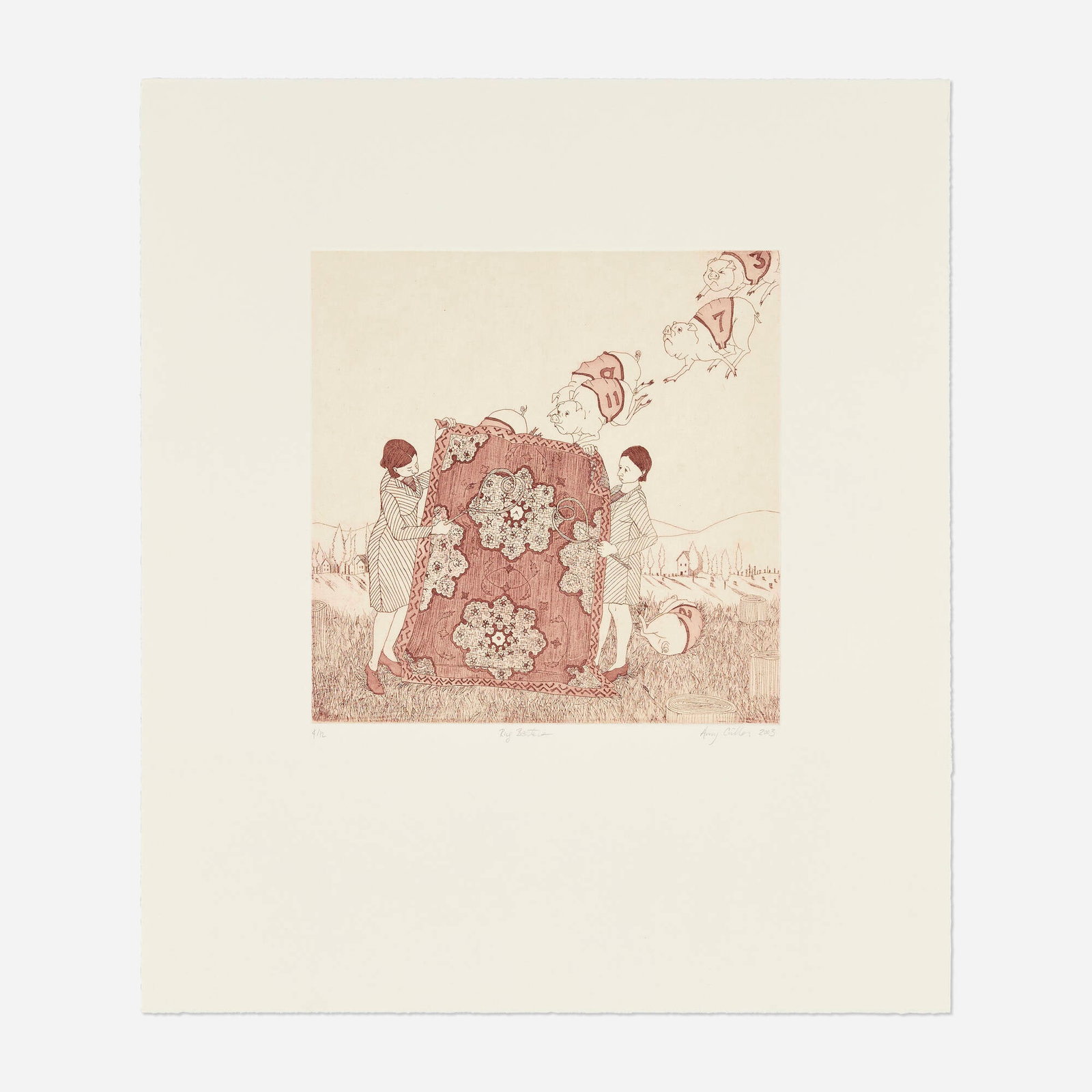 Amy Cutler, Rug Beaters: Amy Cutler Rug Beaters 2003 etching and aquatint in colors with chine-colle image: 9.875 h x 9.75 w in (25 x 25 cm) sheet: 19.5 h x 17 w in (50 x 43 cm) Signed, titled, dated, and numbered to lower