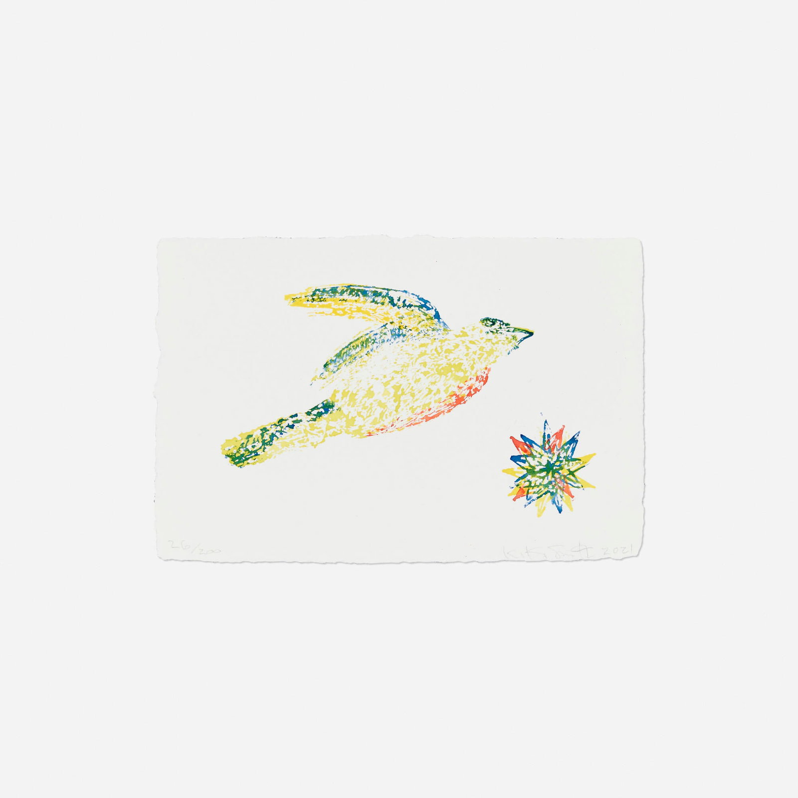 Kiki Smith, Red Breast: Kiki Smith Red Breast 2021 watercolor using rubber stamps on Twinrocker handmade image: 6.5 h x 4 w in (17 x 10 cm) sheet: 5.75 h x 8.5 w in (15 x 22 cm) Signed, dated, and numbered to lower edge