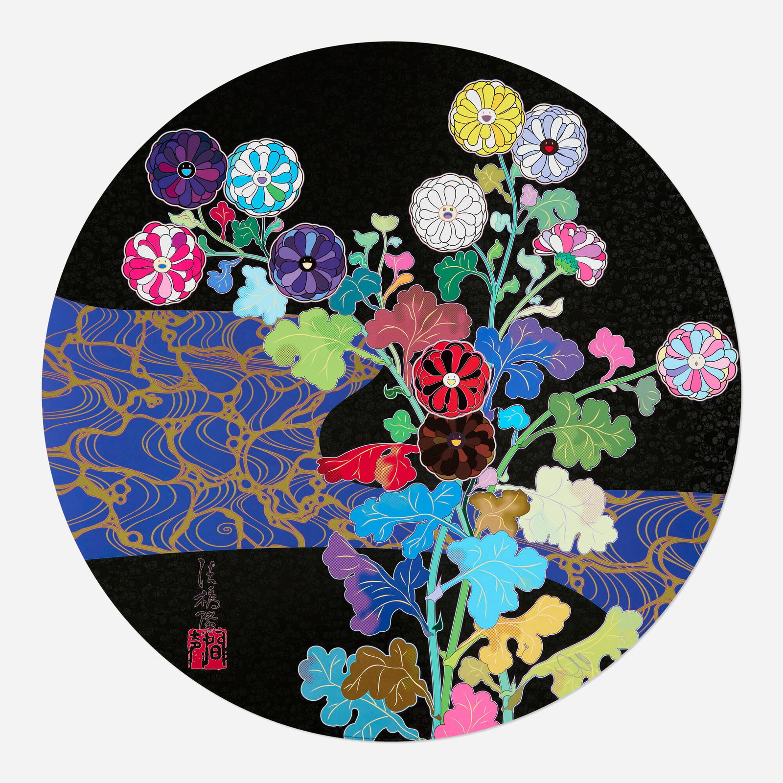 Takashi Murakami, Kyoto Korin Mononoke Flower: Takashi Murakami Kyoto Korin Mononoke Flower 2023 offset lithograph in colors 28 dia in (71 cm) Signed and numbered to lower right 'Takashi Murakami 69/300'. This work is number 69 from the edition