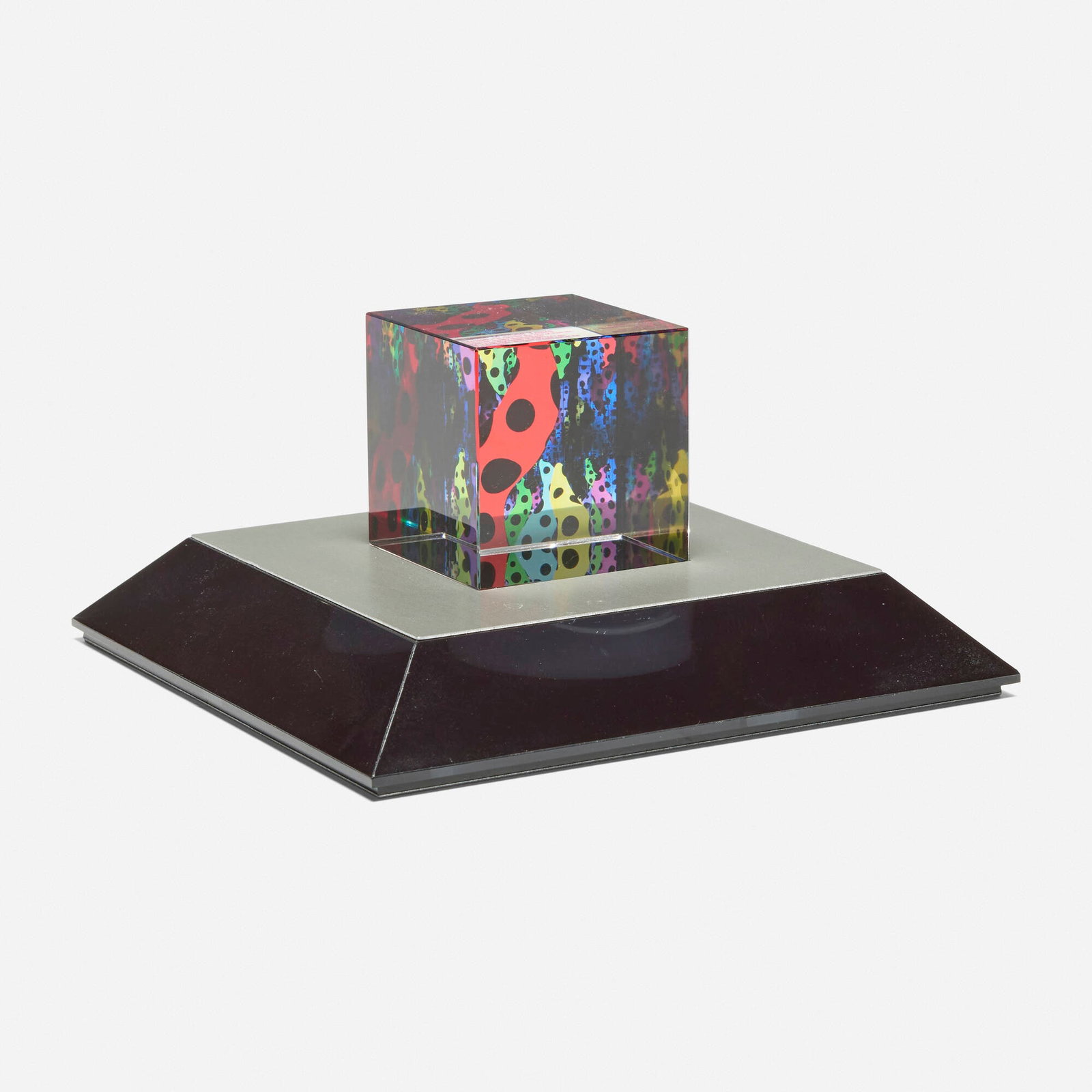 Yayoi Kusama, Cube Love Is Calling (English Version): Yayoi Kusama Cube Love Is Calling (English Version) 2013 glass 2 h x 2 w x 2 d in (5 x 5 x 5 cm) This work is inscribed with the artist's original poem "Residing in a Castle of Shed Tears" and