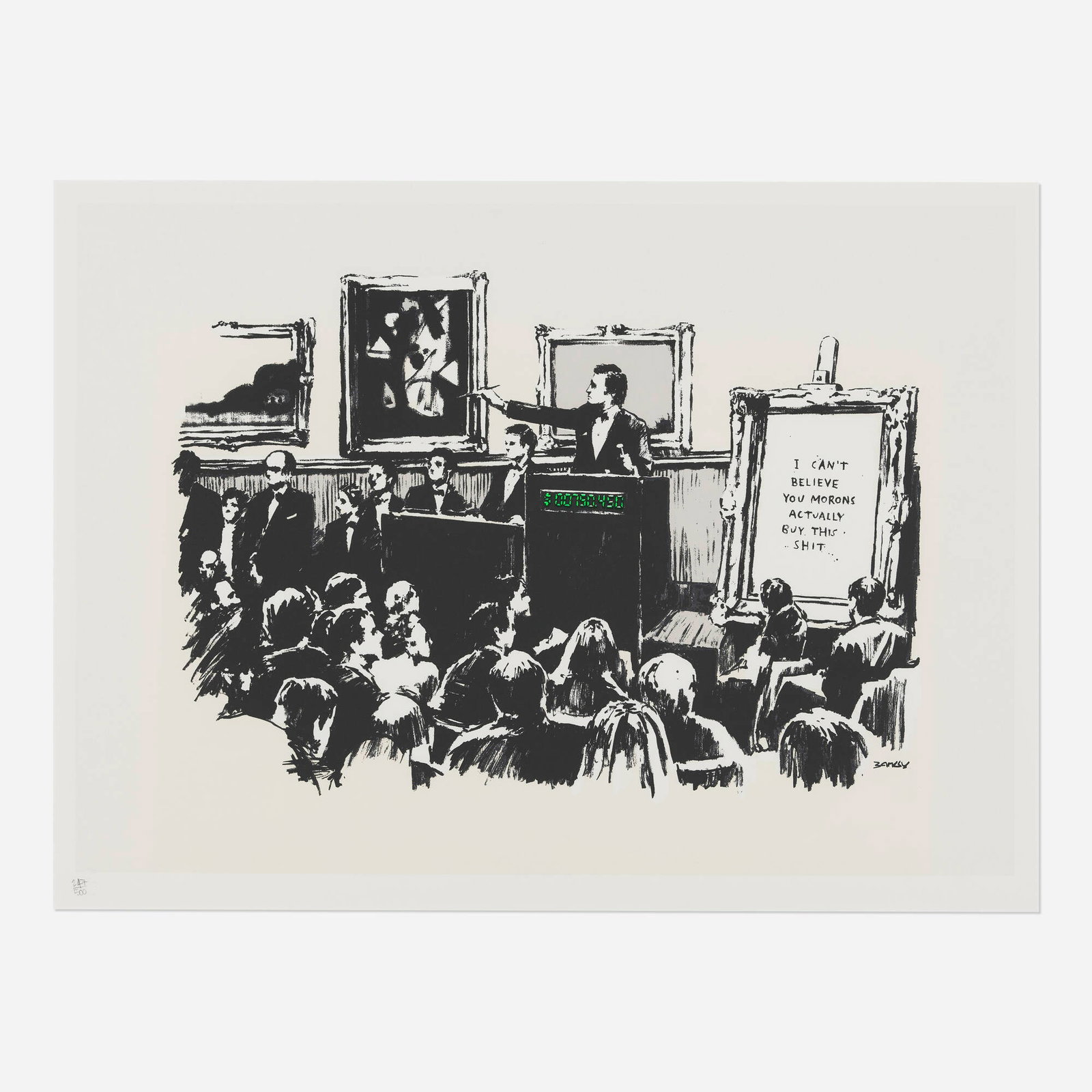 Banksy, Morons: Banksy Morons 2006 screenprint in colors on Arches 88 image: 20 h x 28 w in (51 x 71 cm) sheet: 22.125 h x 30 w in (56 x 76 cm) Numbered to lower left corner '247/500' with publisher's