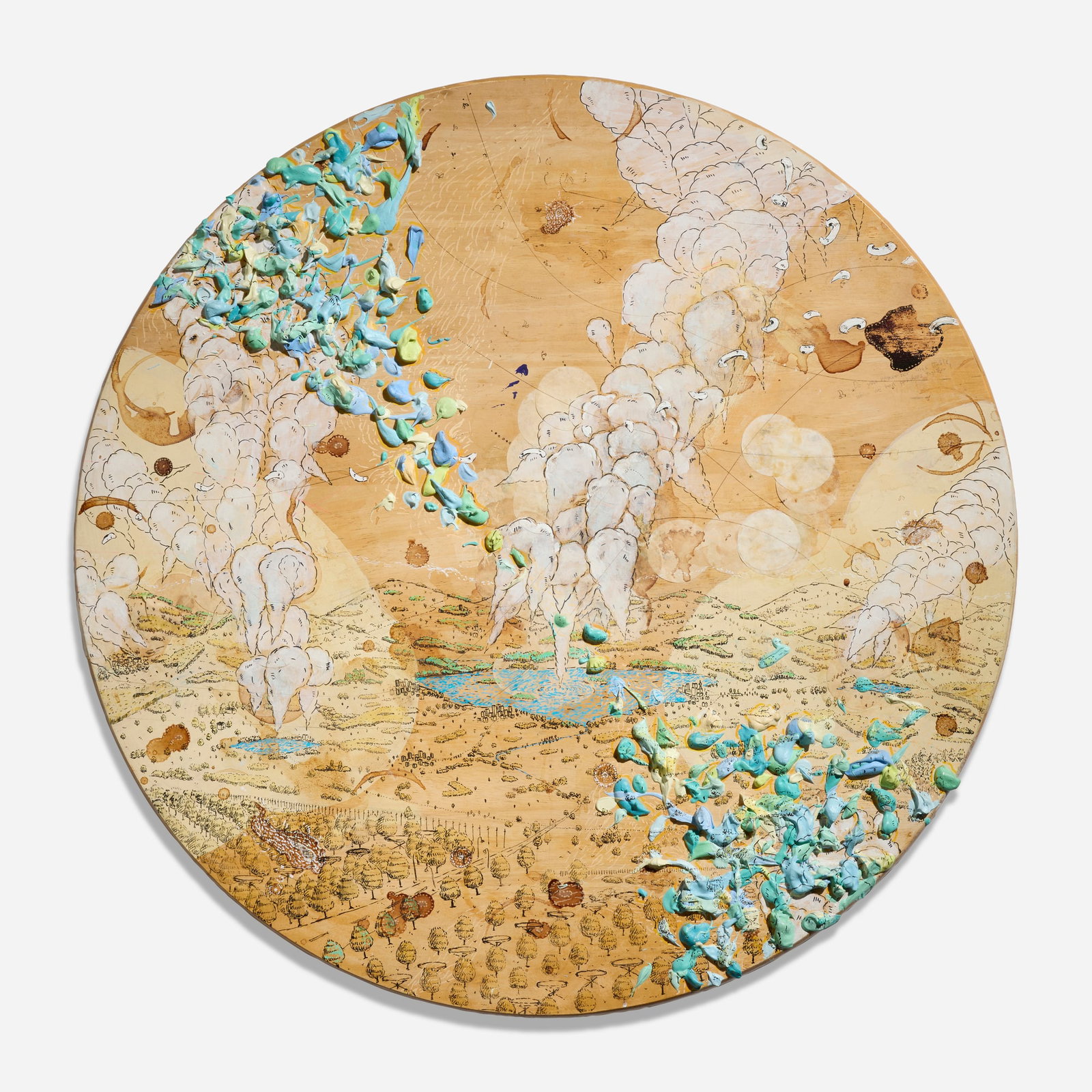 Atsushi Kaga, Untitled: Atsushi Kaga Untitled 2004 acrylic, ink, and graphite on wooden table top 23.5 h x 23.5 w x 1 d x 23.5 dia in (60 x 60 x 3 x 60 cm) Signed and dated to verso 'Atsushi 2004'. Provenance: