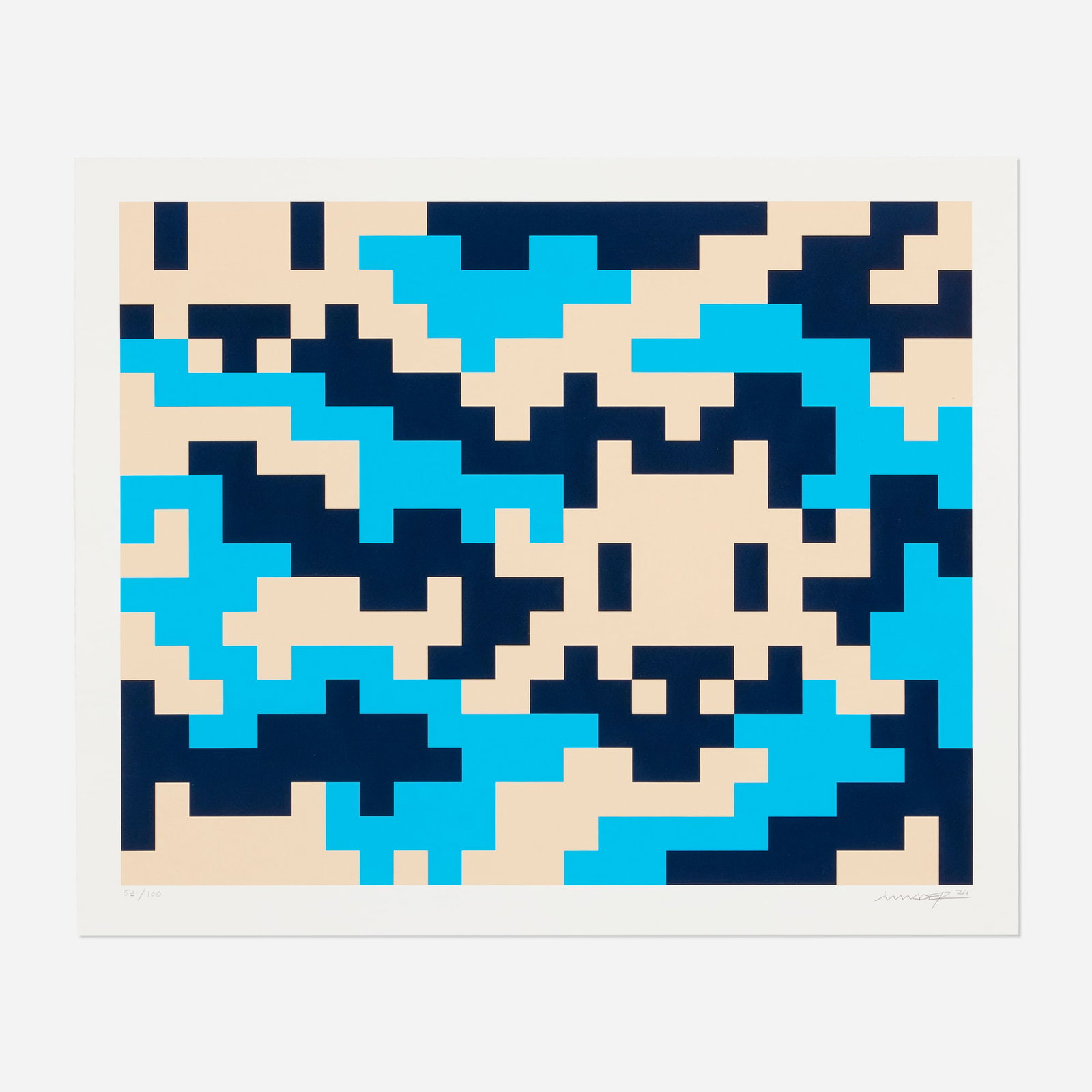 Invader, CAMO L-3C-M3: Invader CAMO L-3C-M3 2024 screenprint in colors on Somerset Satin in artist's frame image: 21.5 h x 26.75 w in (55 x 68 cm) sheet: 24.5 h x 29.75 w in (62 x 76 cm) Signed, dated and numbered to lower