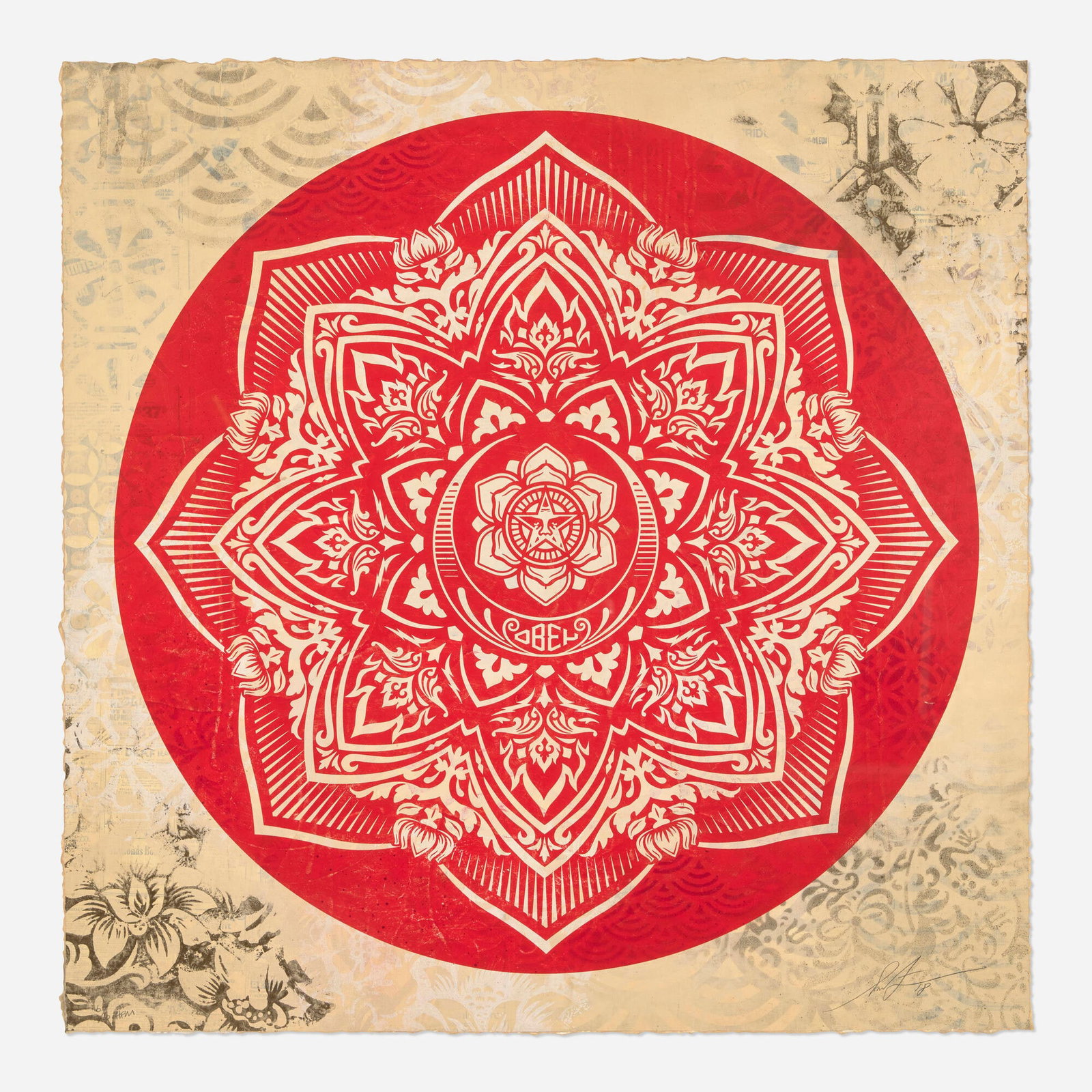 Shepard Fairey, Crescent Mandala: Shepard Fairey Crescent Mandala 2018 screenprint in colors and mixed media collage on paper, HPM 30.25 h x 30 w in (77 x 76 cm) Signed, dated, and numbered to lower edge '6/10 HPM Shepard Fairey