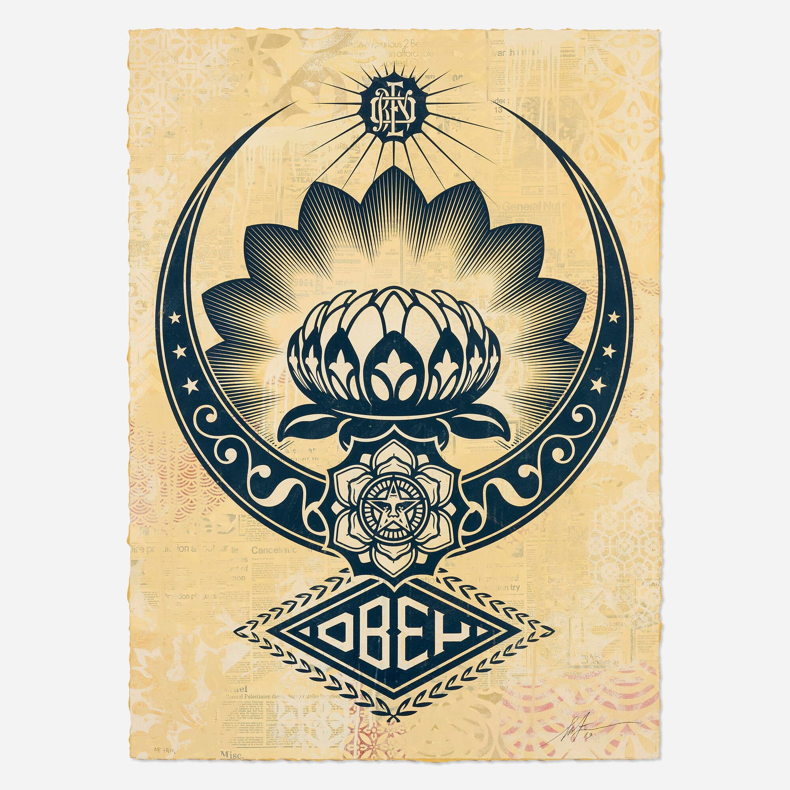 Shepard Fairey, Lotus Ornament: Shepard Fairey Lotus Ornament 2019 screenprint in colors and mixed media collage on paper, HPM 41 h x 30 w in (104 x 76 cm) Signed, dated, numbered and inscribed to lower edge 'AP HPM Shepard