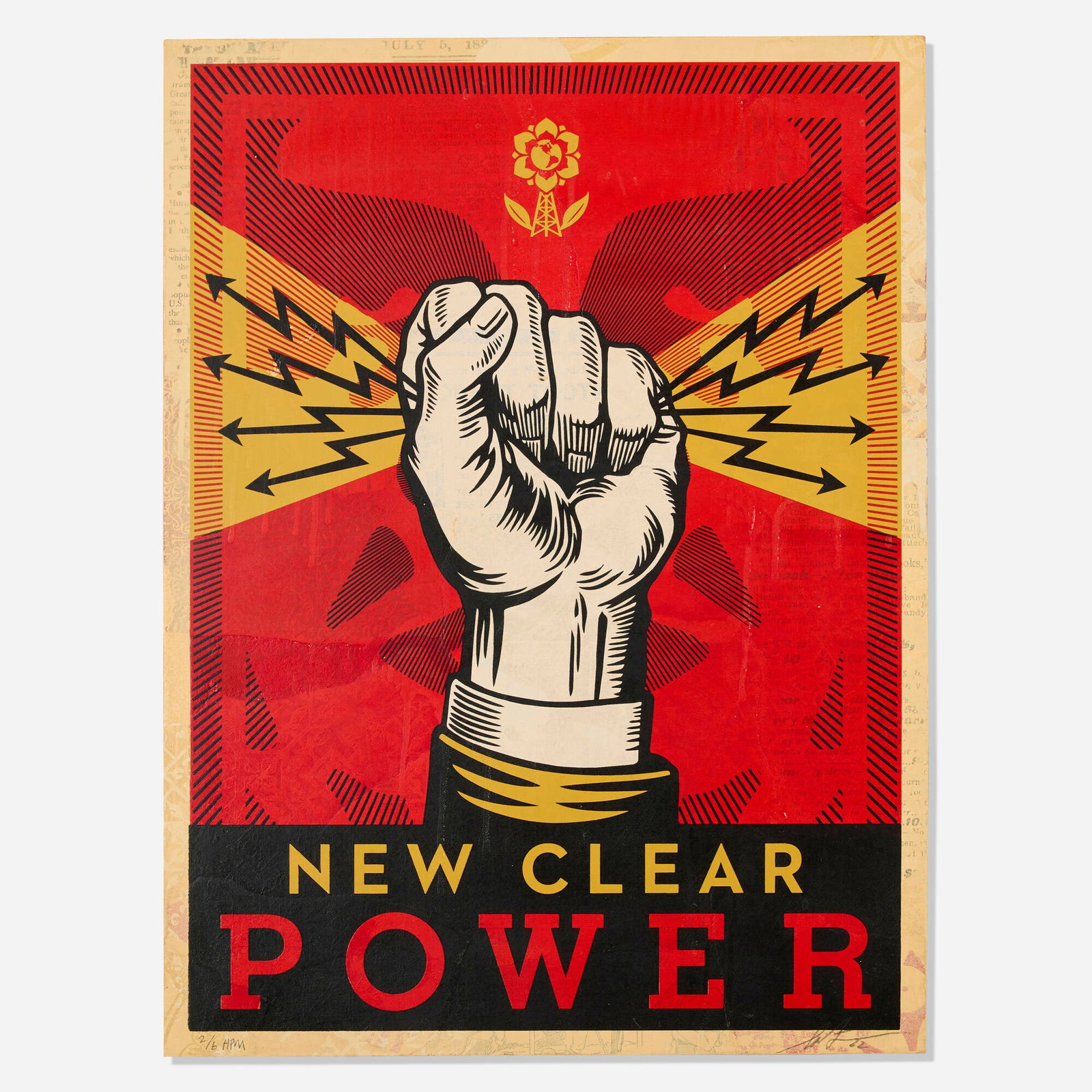 Shepard Fairey, New Clear Power: Shepard Fairey New Clear Power 2022 screenprint in colors and mixed media collage on panel, HPM 24 h x 18 w in (61 x 46 cm) Signed, dated, and numbered to lower edge '2/6 HPM Shepard Fairey