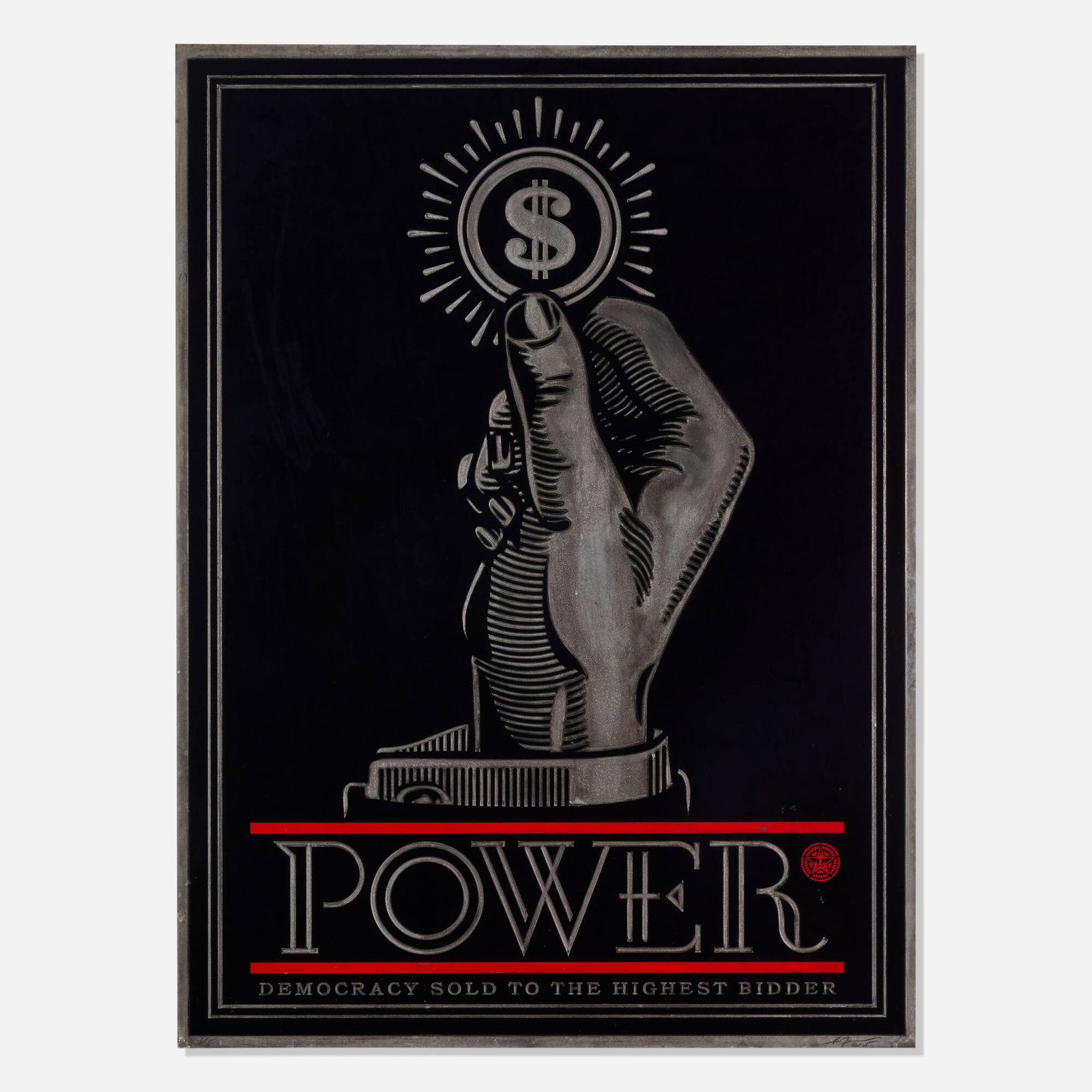 Shepard Fairey, Power Bidder, Plate: Shepard Fairey Power Bidder, Plate 2015 hand-rubbed, rolled and transferred ink on photo-etched magnesium plate 32.125 h x 23.625 w in (82 x 60 cm) Signed, dated and numbered to lower edge and to