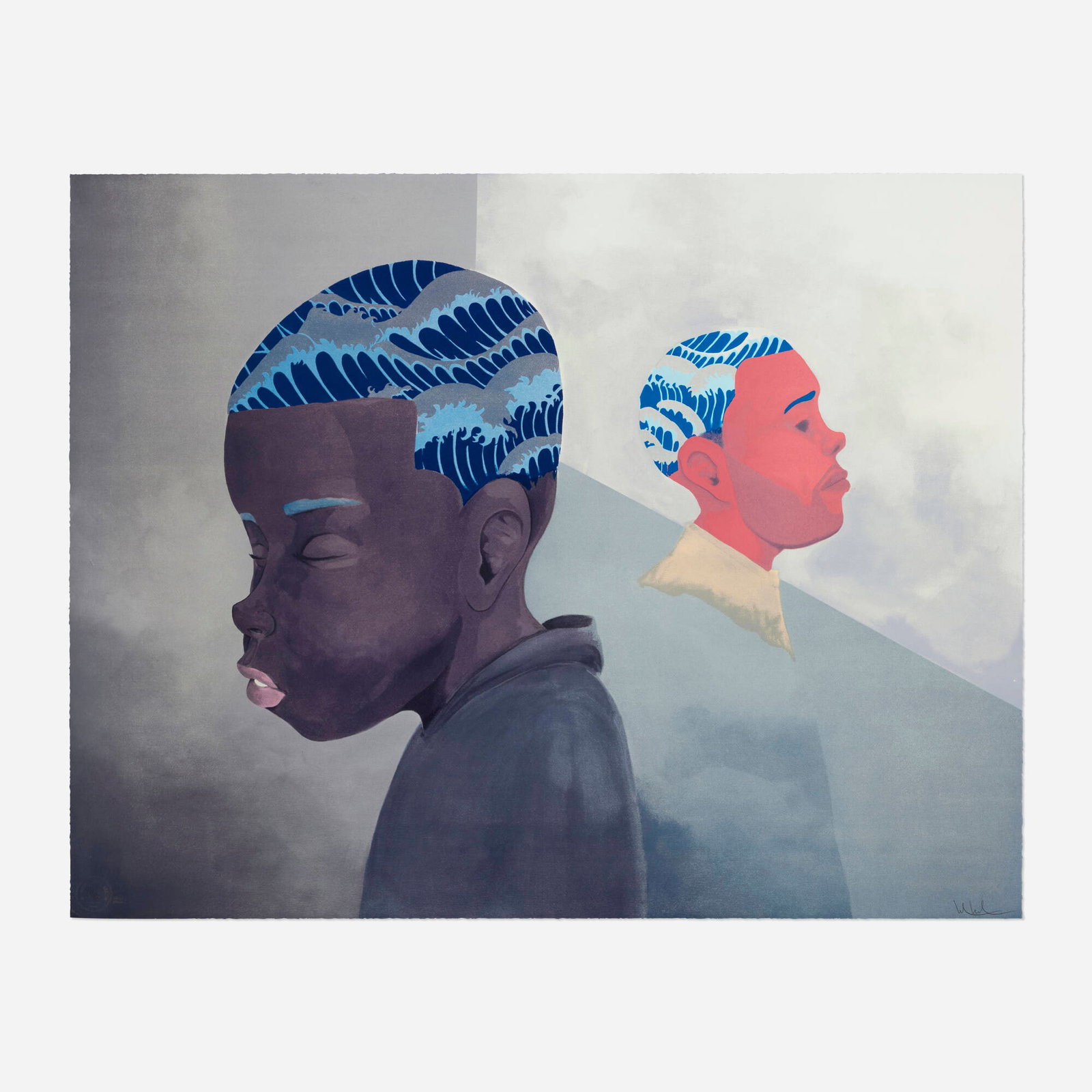 Hebru Brantley, Two Men Sporting Waves: Hebru Brantley Two Men Sporting Waves 2019 lithograph in colors on BFK Rives 30 h x 38.325 w in (76 x 97 cm) Signed and numbered to lower edge '98/150 Hebru Brantley'. This work is number 98
