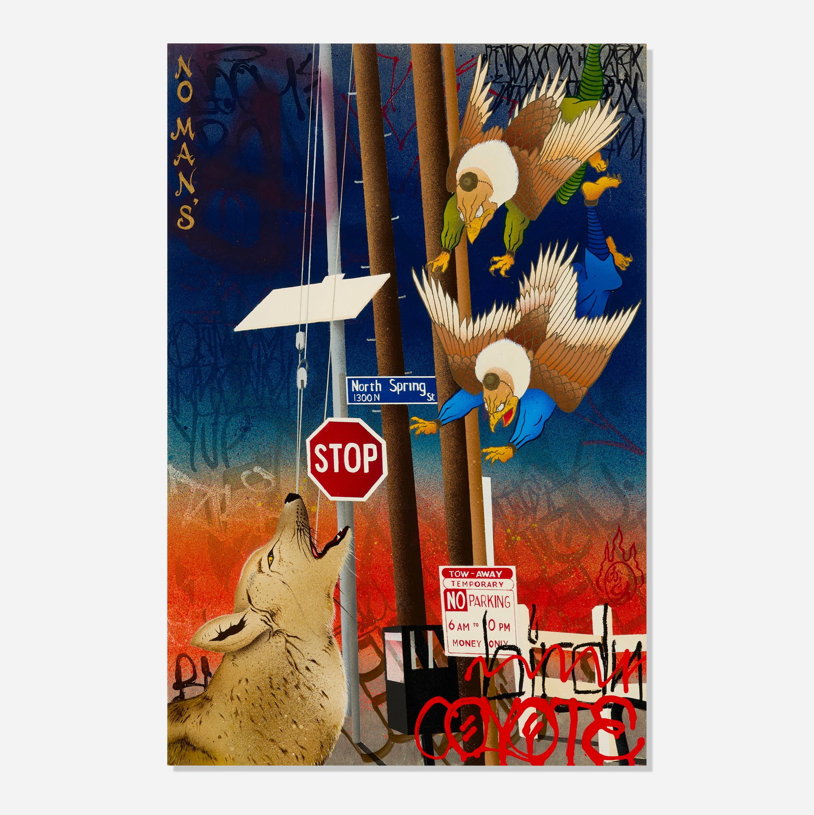 Gajin Fujita, No Man's LAnd: Gajin Fujita No Man's LAnd 2020 spray paint, paint marker, Sakura streak, 12k white gold leaf and 24k gold leaf on panel 24 h x 16 w in (61 x 41 cm) Signed, titled, dated, and inscribed to verso '