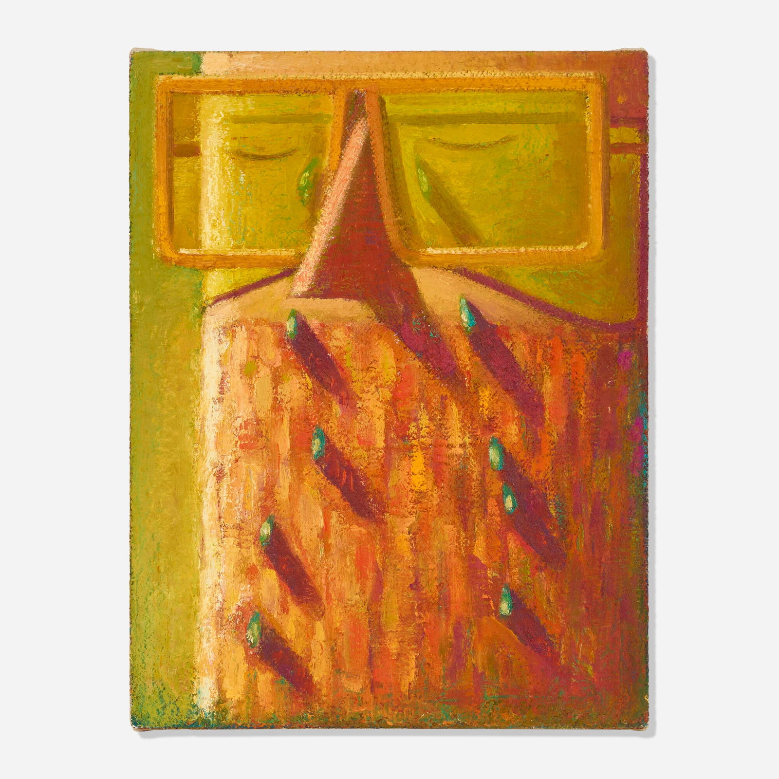 Nat Meade, Cryer: Nat Meade Cryer 2017 oil on hemp canvas 15.25 h x 11.5 w in (39 x 29 cm) Signed and dated to verso 'N.A.M. 2017'. Provenance: Froelick Gallery, Portland, OR | Acquired from the previous in