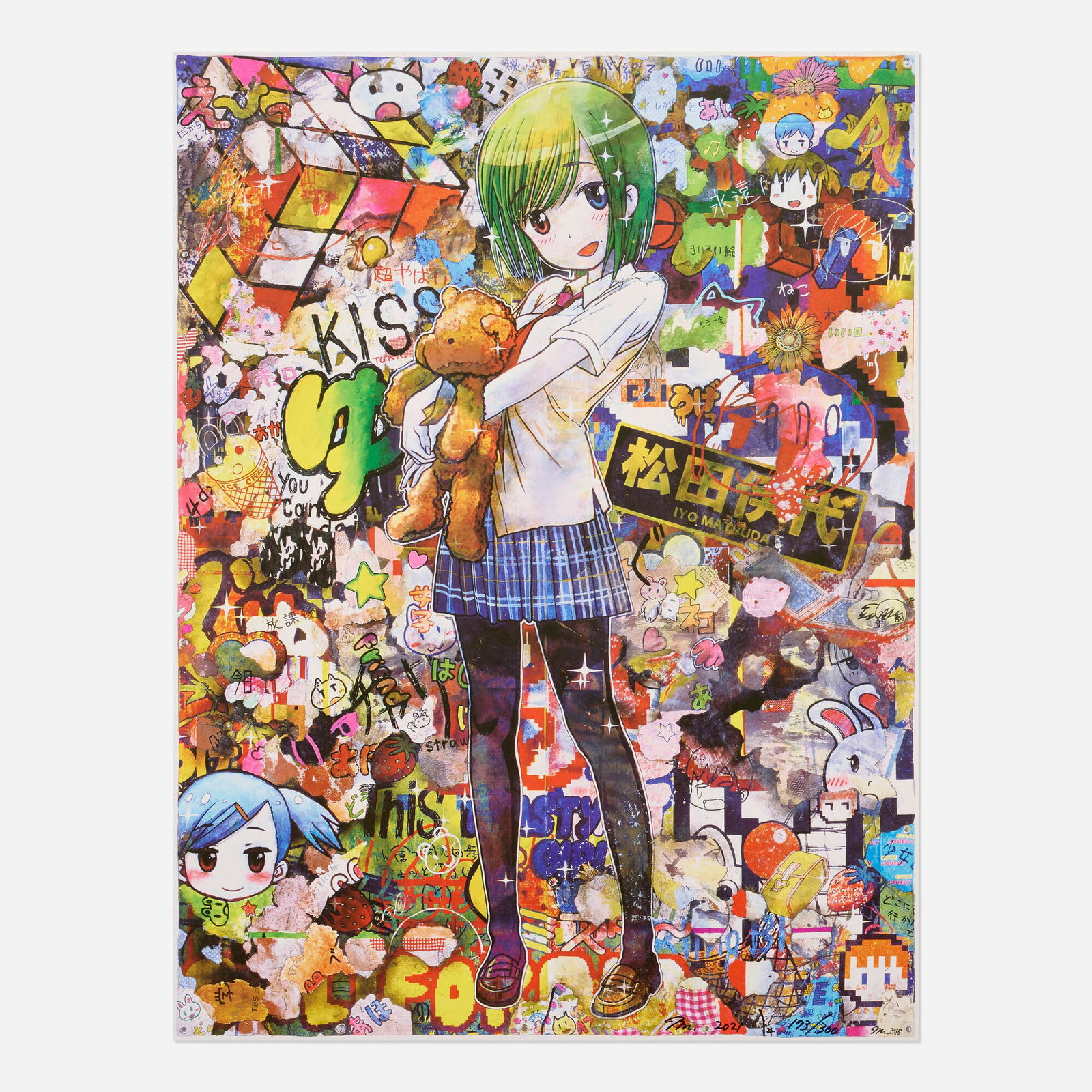 Mr., Harajuku Kiss: Mr. Harajuku Kiss 2021 offset lithograph in colors 25.625 h x 19.375 w in (65 x 49 cm) Signed, dated, and numbered to lower right 'Mr. 2021 173/300'. This work is number 173 from the edition