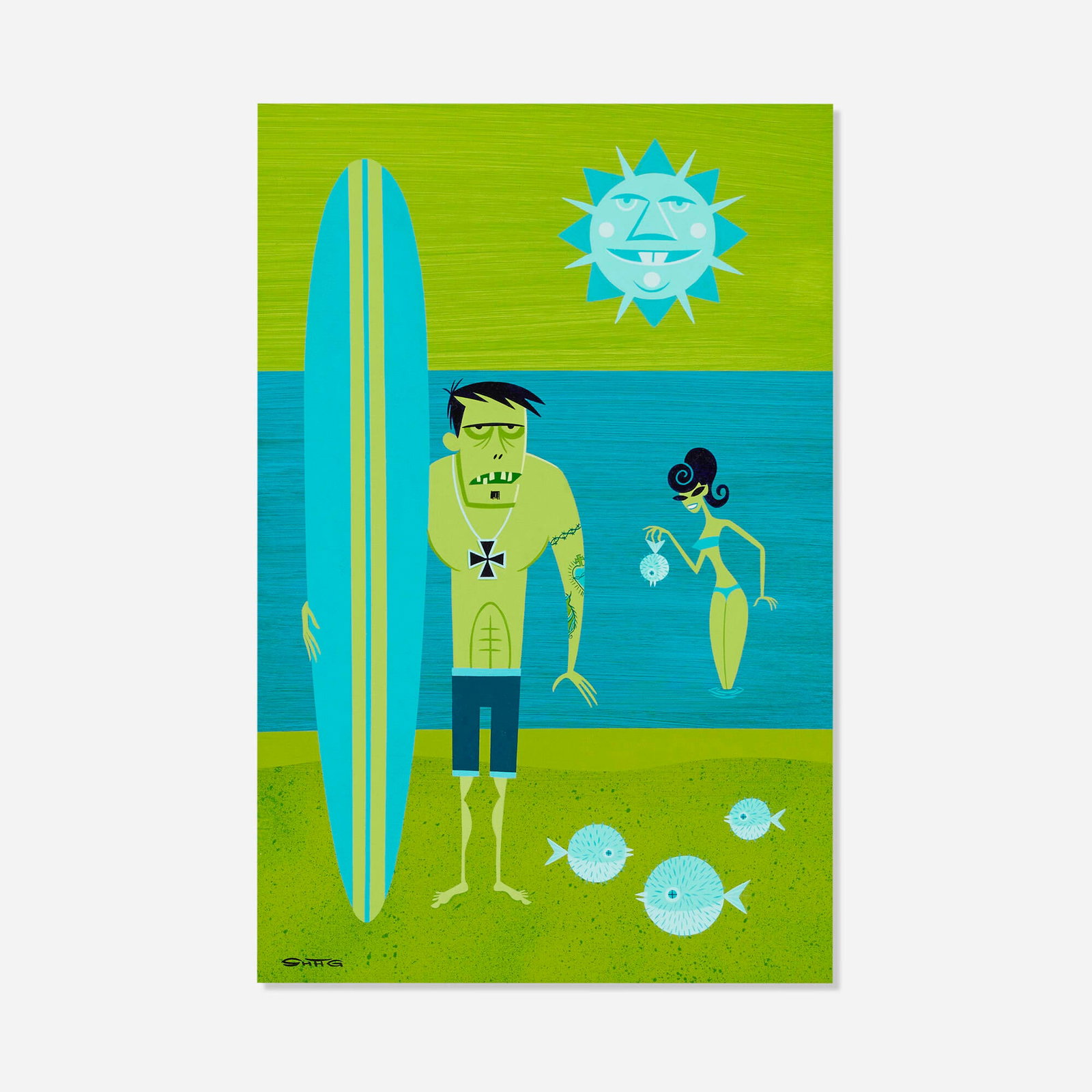 Shag (Josh Agle), Turquoise Sun: Shag (Josh Agle) Turquoise Sun 2005 acrylic on board 21 h x 14 w in (53 x 36 cm) Signed to lower right 'Shag'. Signed, titled and dated to verso 'Turquoise Sun 2005 Josh Agle Shag'. Provenance:</