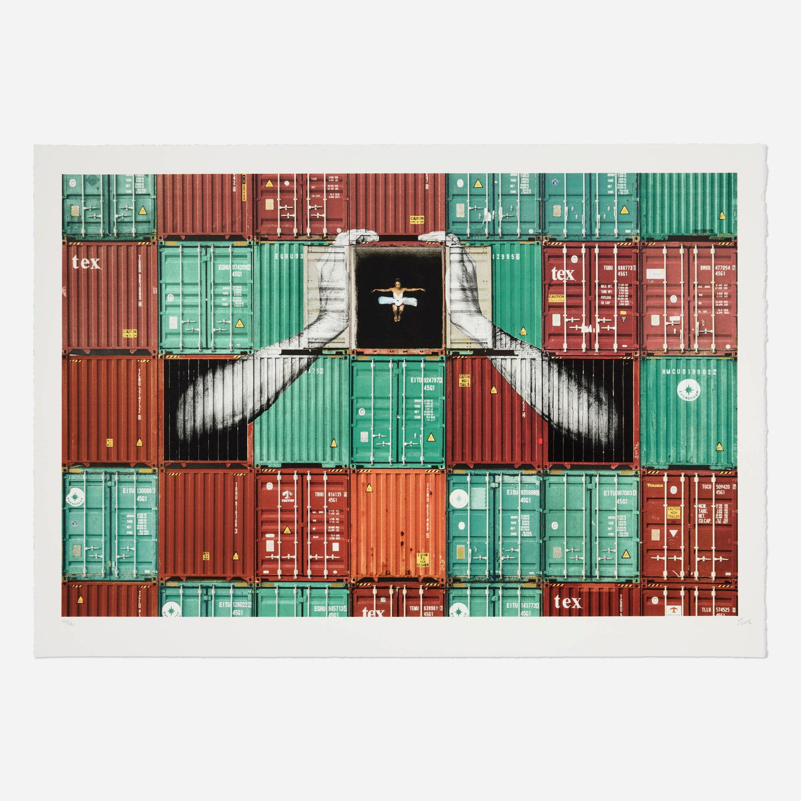 JR, Ballerina in Containers, Holding Tight, Le Havre, France: JR Ballerina in Containers, Holding Tight, Le Havre, France 2022 lithograph in colors on BFK Rives image: 23.75 h x 36.25 w in (60 x 92 cm) sheet: 27.5 h x 39 w in (70 x 99 cm) Signed, dated, and numb