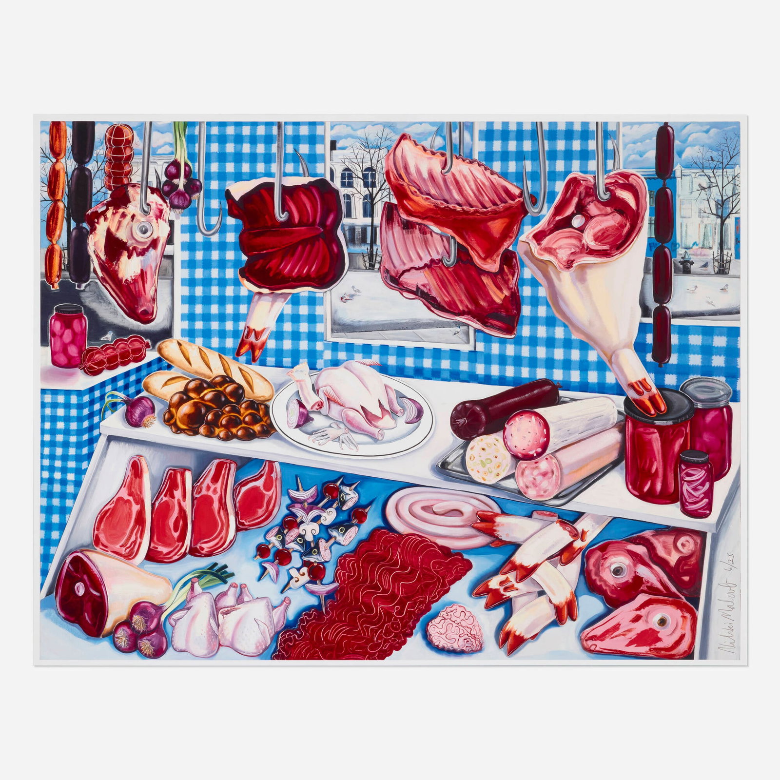 Nikki Maloof, The Meat Stall with Squashed Pigeon: Nikki Maloof The Meat Stall with Squashed Pigeon 2021 archival pigment print image: 18 h x 23.5 w in (46 x 60 cm) sheet: 18.5 h x 24 w in (47 x 61 cm) Signed and numbered to lower right 'Nikki