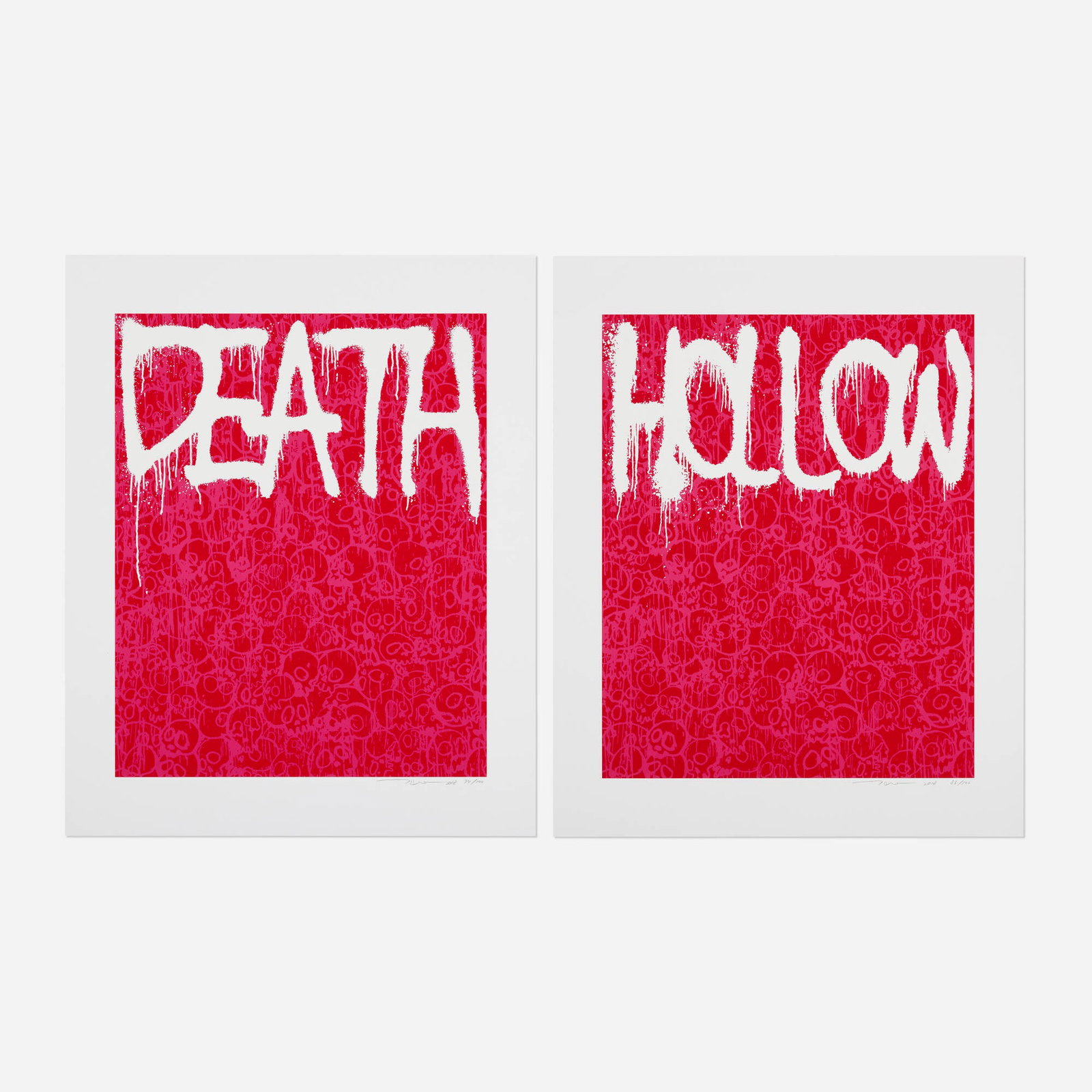 Takashi Murakami, Death; Hollow (Red) (two works): Takashi Murakami Death; Hollow (Red) (two works) 2018 screenprint in colors image (each): 14.75 h x 11.75 w in (37 x 30 cm) sheet (each): 18.5 h x 15 w in (47 x 38 cm) Signed, dated, and numbered to