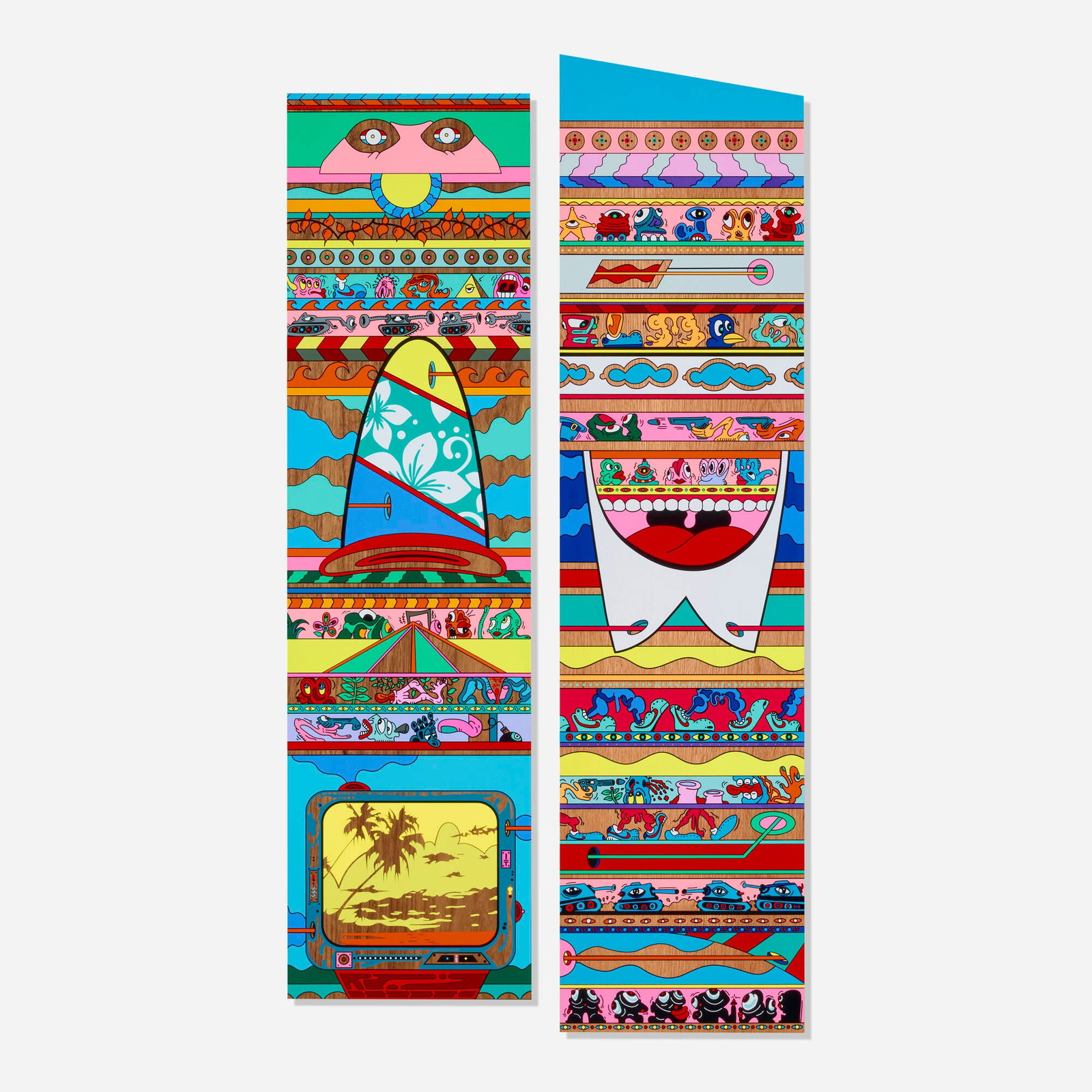Erik Parker, Good Life; Means to an End (two works): Erik Parker Good Life; Means to an End (two works) 2021 screenprint in colors on wood panel 39.375 h x 9.875 w x 0.75 d in (100 x 25 x 2 cm) 36.625 h x 9.875 w x 0.75 d in (93 x 25 x 2 cm) Numbered