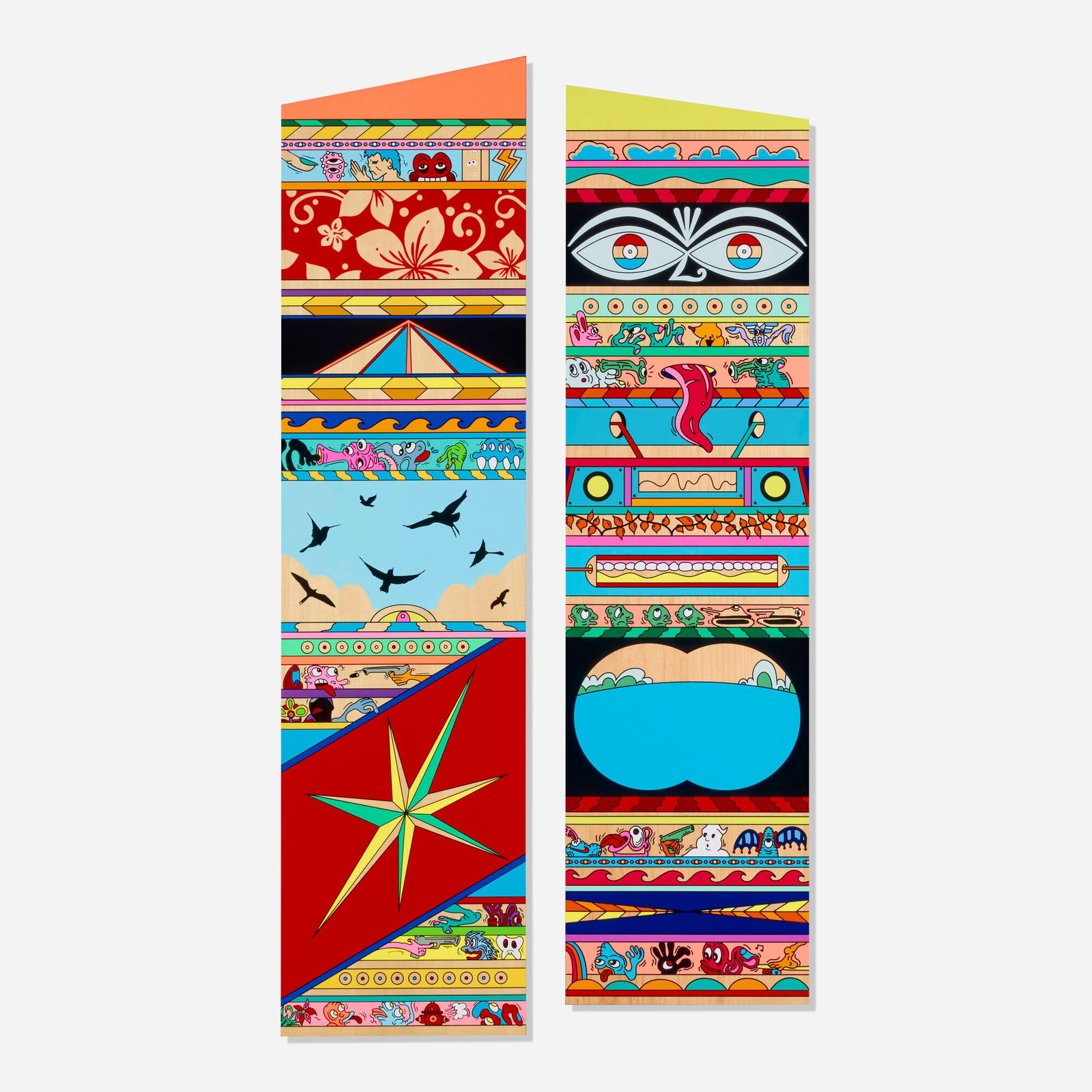 Erik Parker, Sneak Peek; Gate Keeper (two works): Erik Parker Sneak Peek; Gate Keeper (two works) 2021 screenprint in colors on wood panel 39.375 h x 9.875 w x 0.75 d in (100 x 25 x 2 cm) 37 h x 9.875 w x 0.75 d in (94 x 25 x 2 cm) Numbered to verso