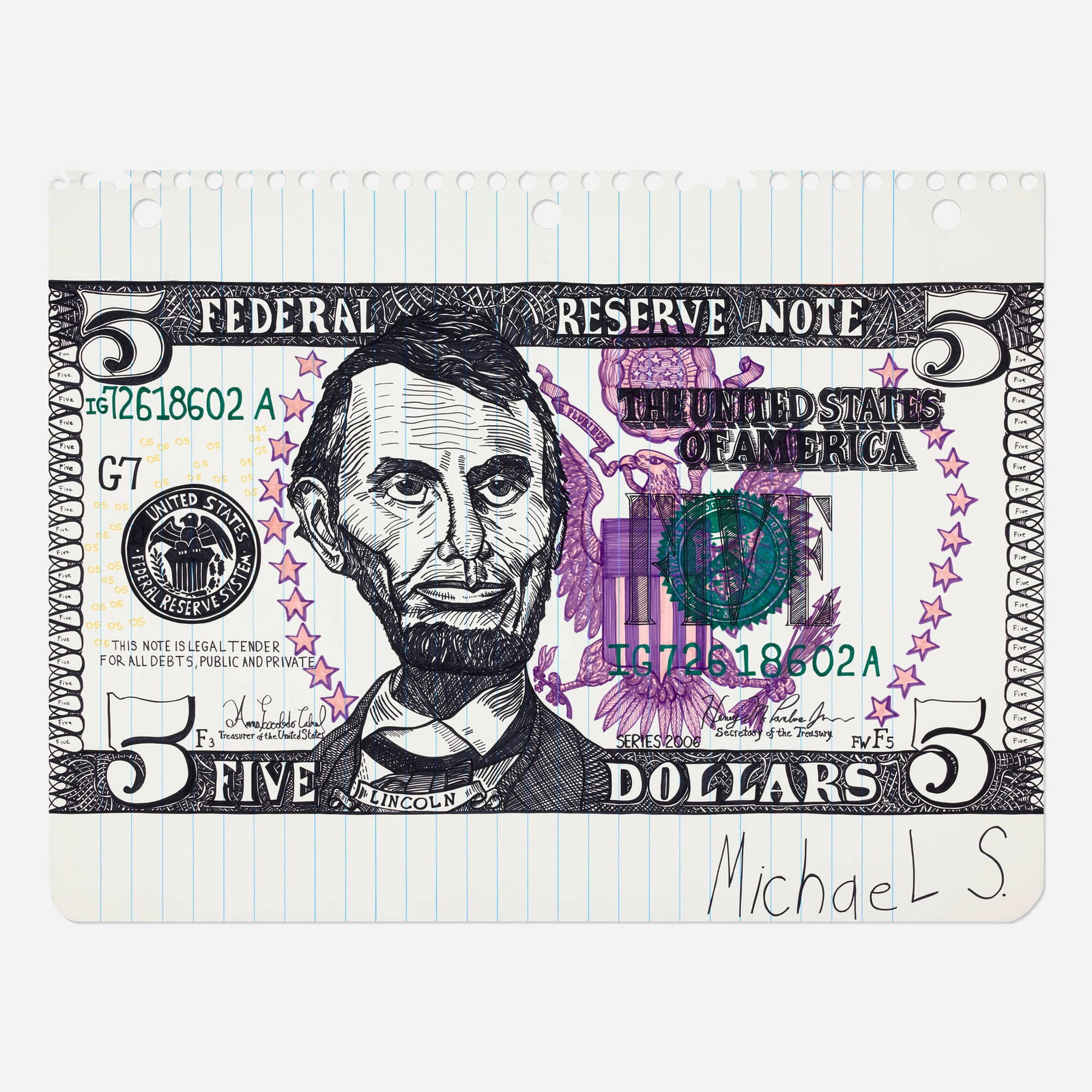 Michael Scoggins, Five U.S. Dollars: Michael Scoggins Five U.S. Dollars 2009 Prismacolor marker on paper 67.375 h x 50.875 w in (171 x 129 cm) Signed to lower right 'MichaeL S.'. This work will ship from Lambertville, New