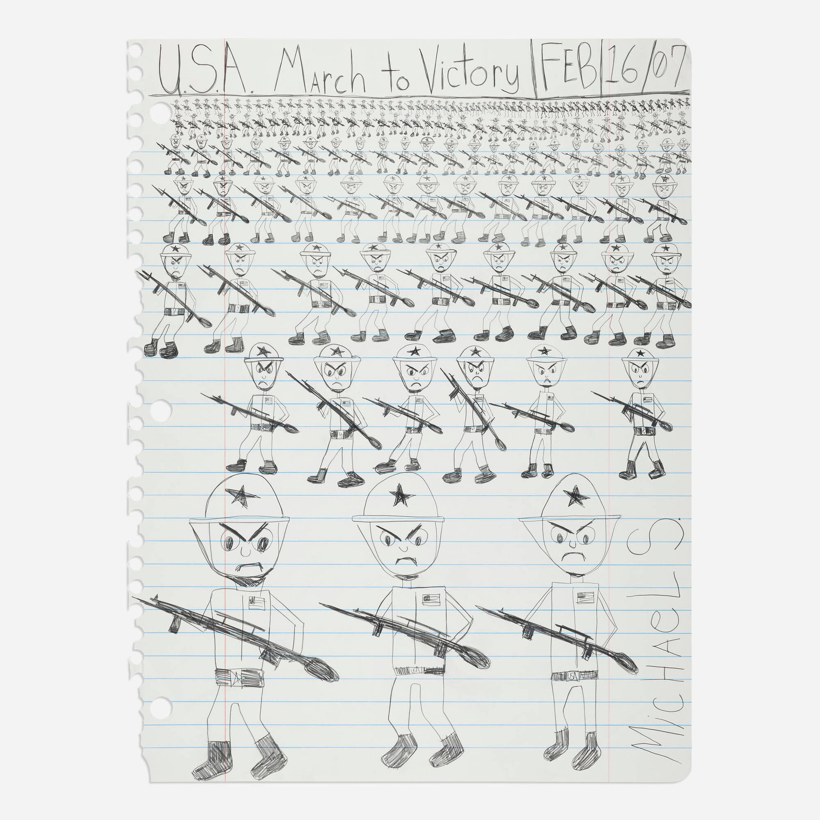 Michael Scoggins, U.S.A. March to Victory: Michael Scoggins U.S.A. March to Victory 2007 graphite and Prismacolor colored pencil on paper 67.375 h x 51.125 w in (171 x 130 cm) Signed to lower right 'MichaeL S.'. Titled and dated to