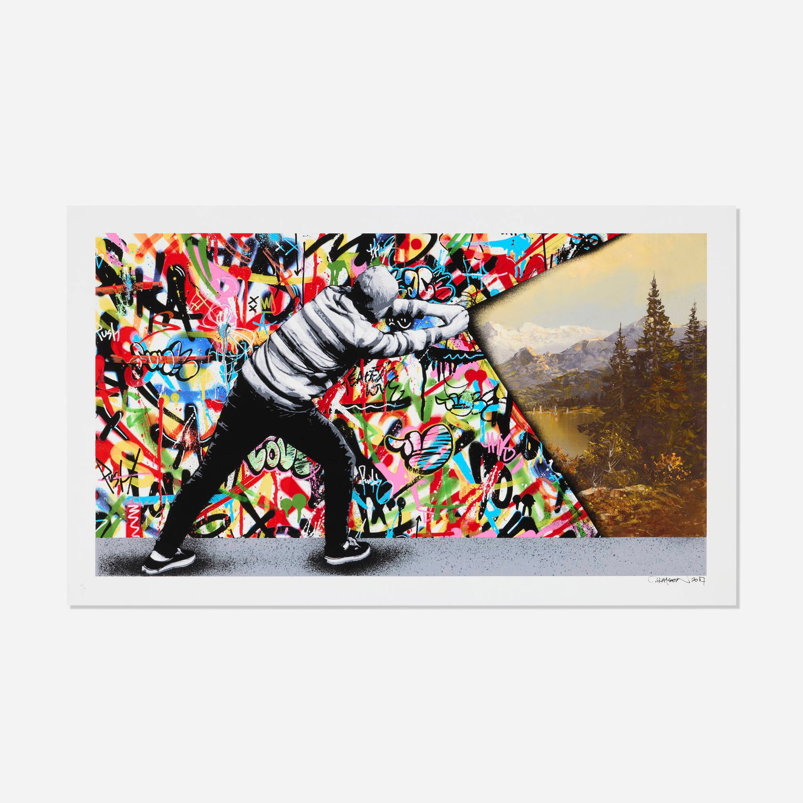 Martin Whatson, Behind the Curtain (Landscape Reverse): Martin Whatson Behind the Curtain (Landscape Reverse) 2017 giclee and screenprint in colors image: 16 h x 28.5 w in (41 x 72 cm) sheet: 18.75 h x 31.375 w in (48 x 80 cm) Signed, dated and numbered
