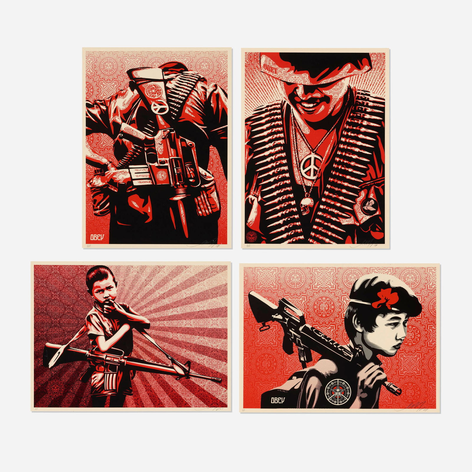 Shepard Fairey, Duality of Humanity 1-3 and 5 (four works): Shepard Fairey Duality of Humanity 1-3 and 5 (four works) 2008; 2009 screenprint in colors image (each): 16.875 h x 23 w in (43 x 58 cm) sheet (each): 17.875 h x 24 w in (45 x 61 cm) Signed, titled,