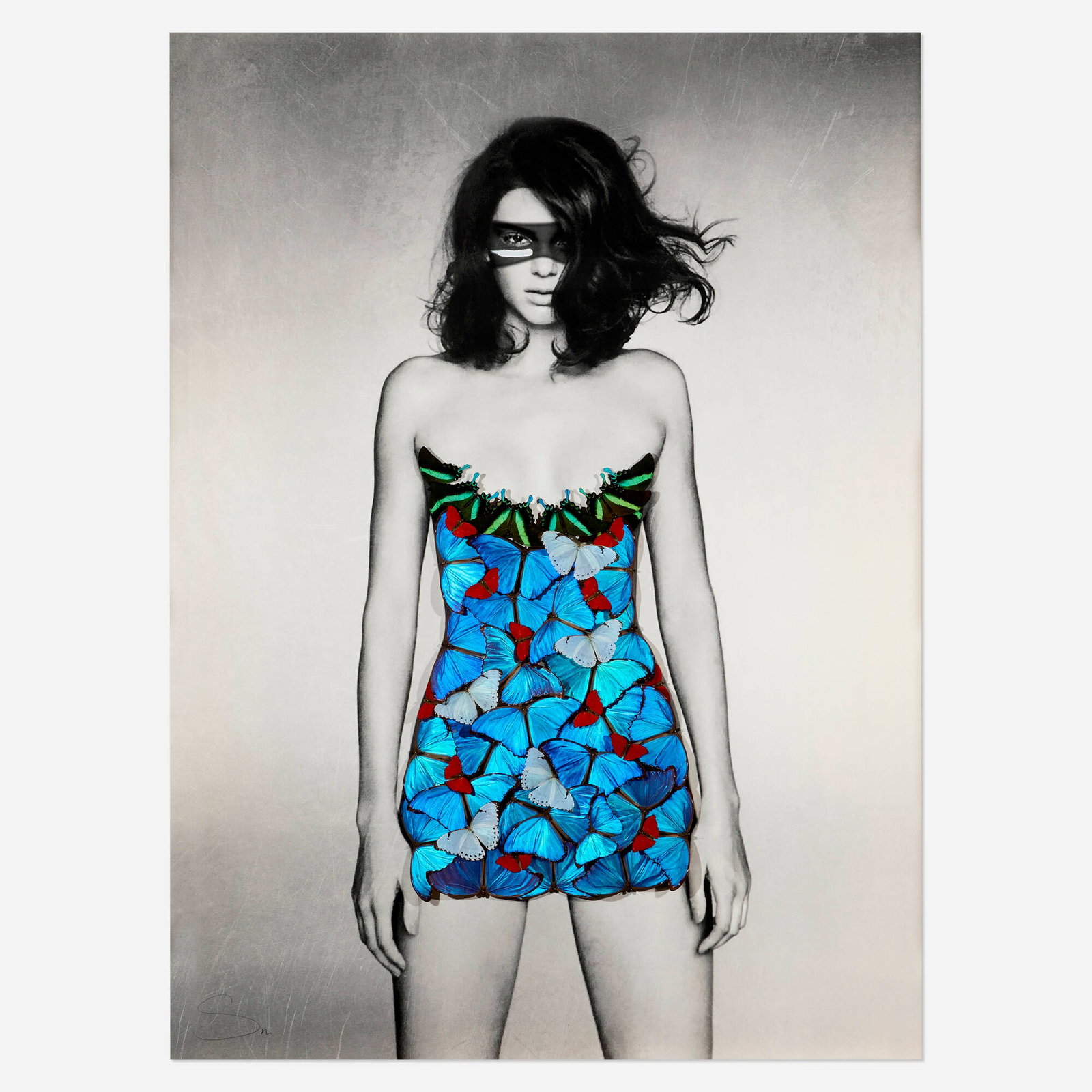 SN, Kendall Butterflies: SN Kendall Butterflies c. 2022 mixed media with butterflies sight: 62 h x 45.5 w in (157 x 116 cm) Signed to lower left 'Sn'. This work will ship from Lambertville, New Jersey.
