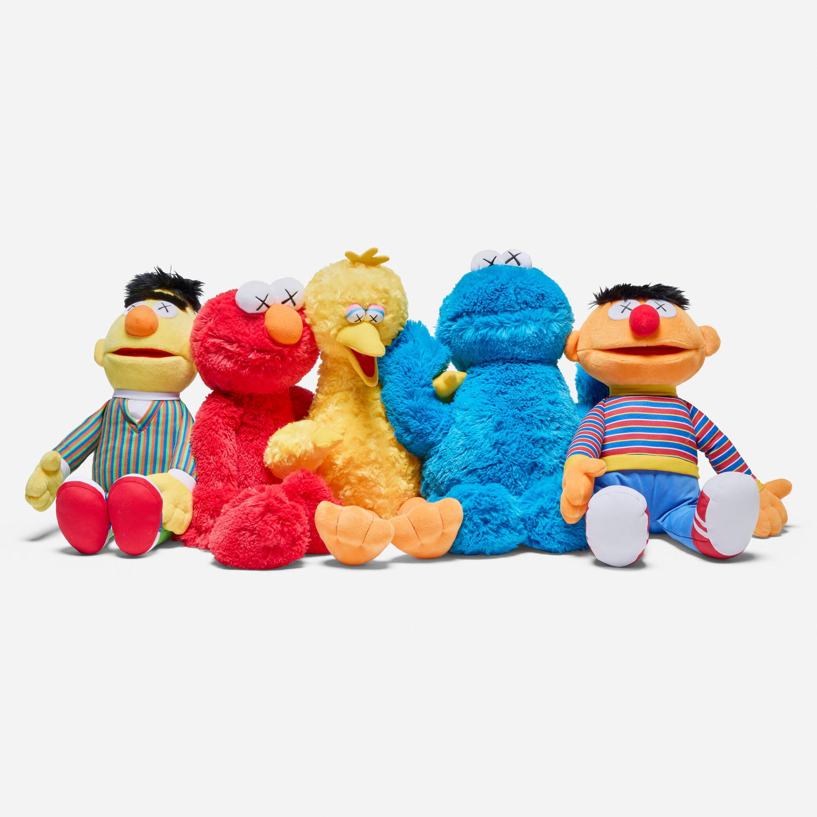 KAWS X Sesame Street, Sesame Street: KAWS X Sesame Street Sesame Street 2018 polyester, acrylic largest: 20.5 h x 11.5 w x 5 d in (52 x 29 x 13 cm) smallest: 16.5 h x 11 w x 6.5 d in (42 x 28 x 17 cm) Fabric manufacturer's label