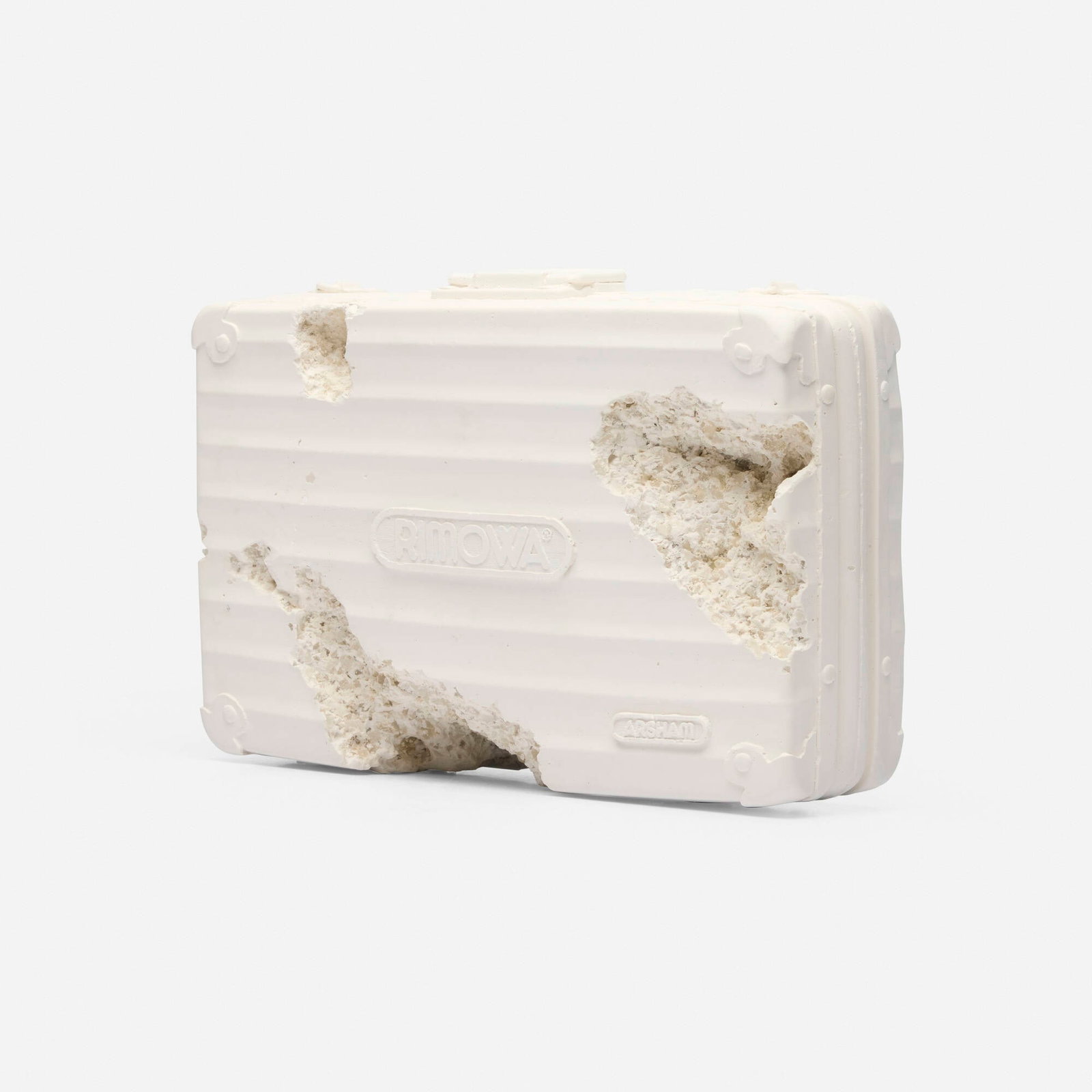 Daniel Arsham, Eroded Attache: Daniel Arsham Eroded Attache 2019 plaster, crushed glass, aluminum 14 h x 18 w x 6 d in (36 x 46 x 15 cm) Incised manufacturer's mark to upper edge of aluminum briefcase 'Rimowa Arsham Studio