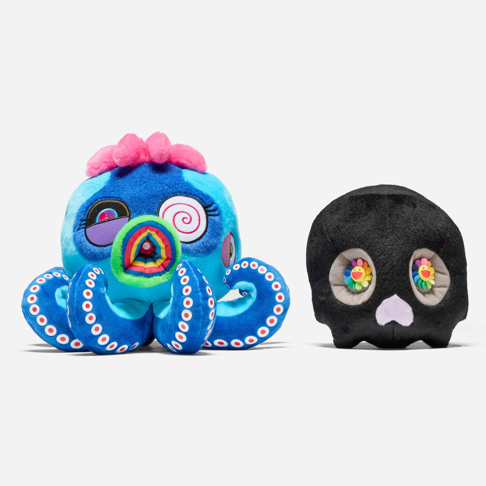Takashi Murakami, Black Dokuro; Blue Octopus: Mr. Camo (two works): Takashi Murakami Black Dokuro; Blue Octopus: Mr. Camo (two works) 2017; 2019 polyester, cotton 9 h x 11 w x 11 d in (23 x 28 x 28 cm) 5 h x 6.5 w x 6.5 d in (13 x 17 x 17 cm) These works are from the 