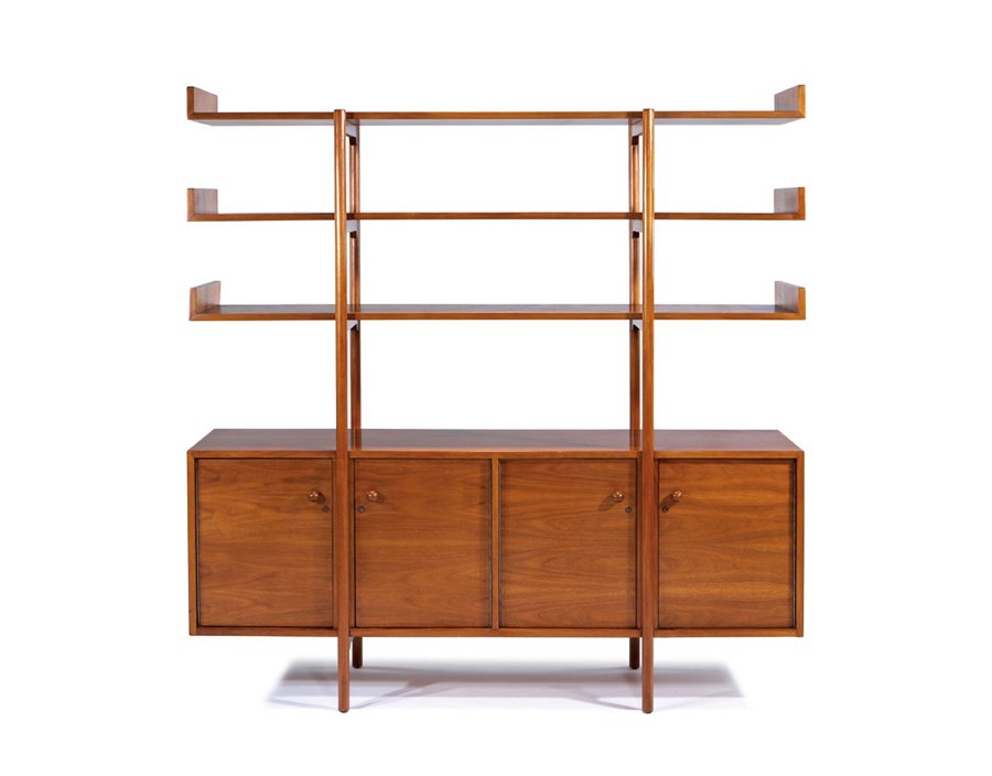 Milo Baughman, Room Storage divider: Milo Baughman Room Storage divider Designed 1950 American walnut, select red birch Model no. 1700 Glenn of California 70.5" x 64.75" x 14.75" Literature: Glenn of California Catalogue. no date. np.